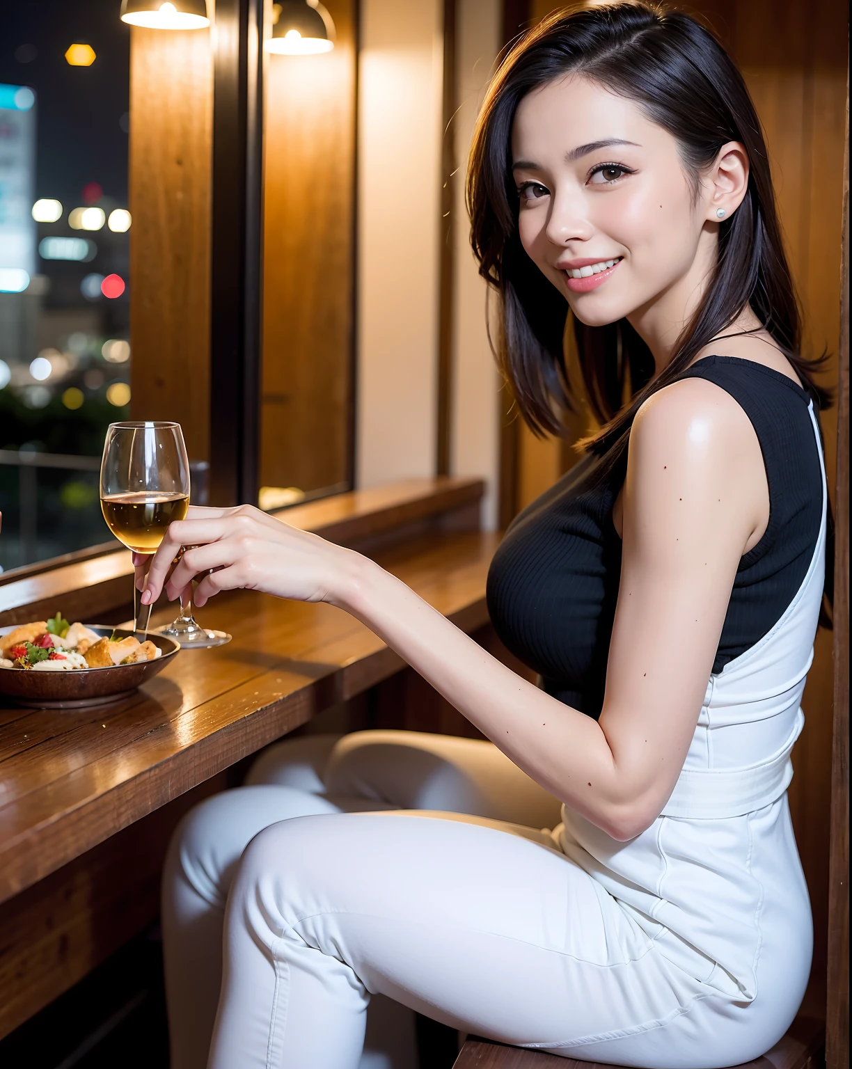 (64K, UHD, top quality, masterpiece: 1.2), (realistic, photorealistic: 1.37), super detailed, pretty woman 1 person, (slim face), (slim body), (brown hair), (short cut), cheeks slightly blushing, (44 years old), 38 years old, solo, beautiful detailed urban night view outside the window, restaurant, wine glasses sit, at night, in a prominent placeNovaFrogStyle, Actress, Model, Waist Up, White Wine, Slim, Wine Glass, Super Clean Night View, Wine Glass Put in the Middle, Happy Smile, (Smile: 1.15), Beautiful Fine Eyes, Upper Body, Bust Japan Up, Night, Short, Short, Actress, Model, Waist Up, White Wine, Slim, Wine Glass, Super Clean Night View, Wine Glass Put in the Middle, Happy Smile,