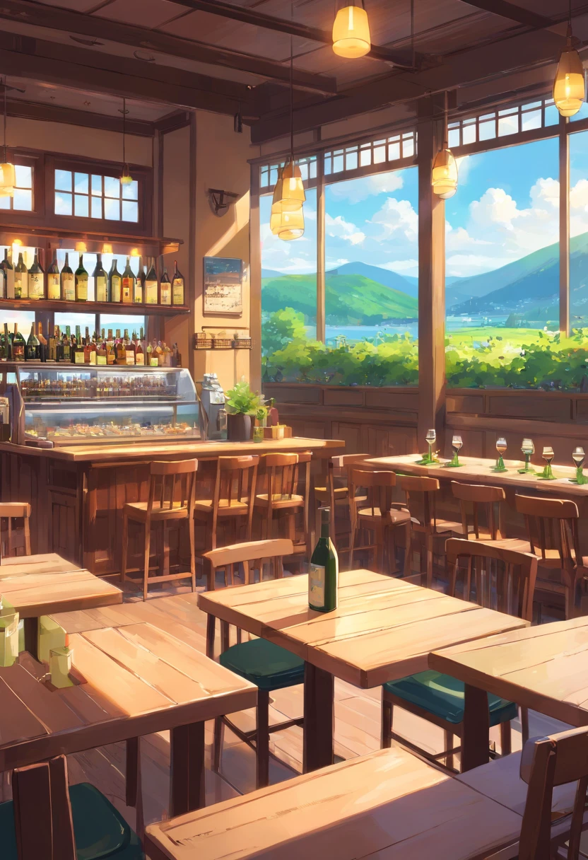 Cafe, Wine table and large windows, interior background art,a tavern