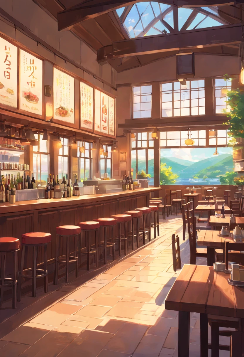 Cafe, Wine table and large windows, interior background art,a tavern