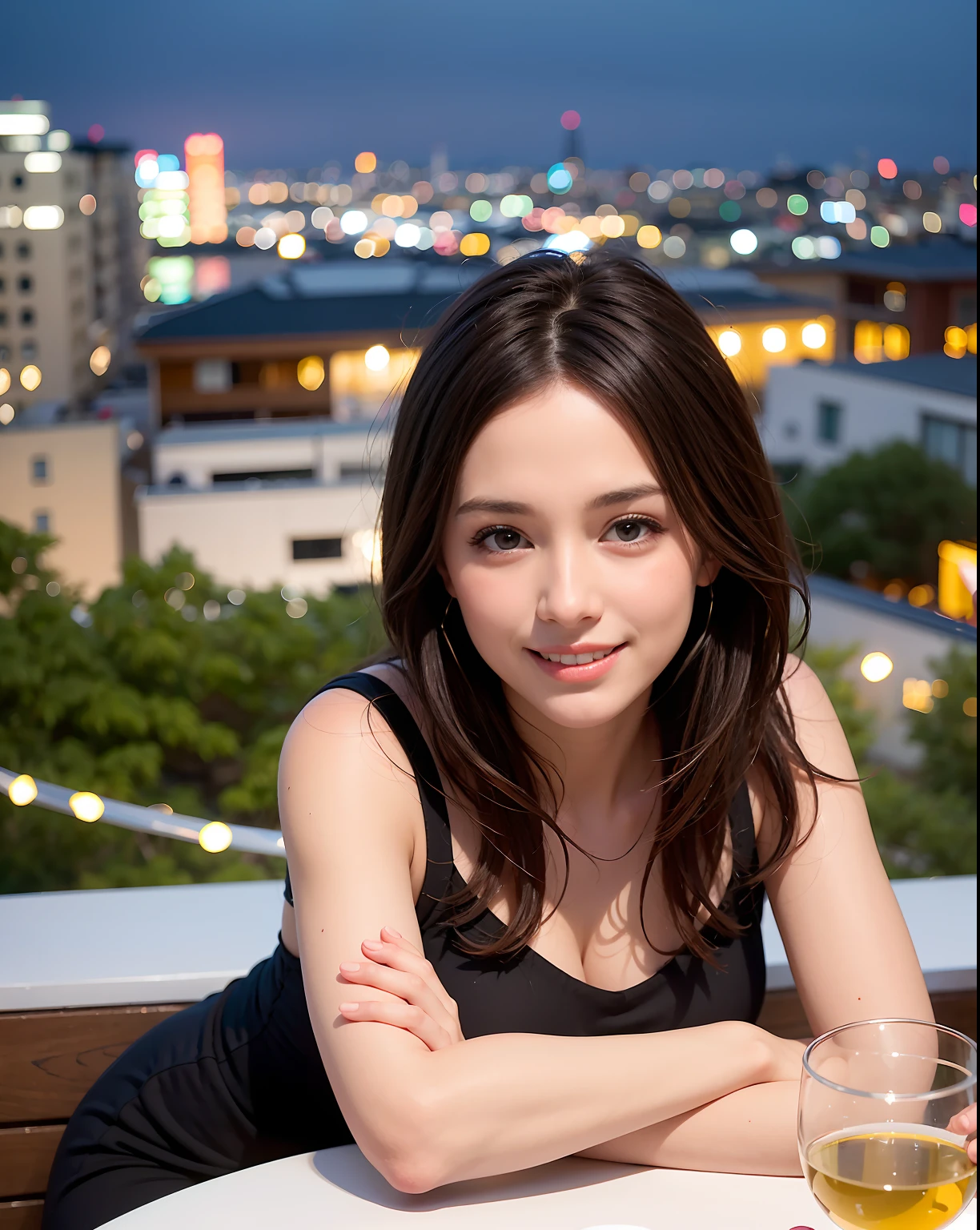 (64K, UHD, top quality, masterpiece: 1.2), (realistic, photorealistic: 1.37), super detailed, pretty woman 1 person, (slim face), (slim body), (brown hair), (short cut), cheeks slightly blushing, (44 years old), 38 years old, solo, beautiful detailed urban night view outside the window, restaurant, wine glasses sit, at night, in a prominent placeNovaFrogStyle, Actress, Model, Waist Up, White Wine, Slim, Wine Glass, Super Clean Night View, Wine Glass Put in the Middle, Happy Smile, (Smile: 1.15), Beautiful Fine Eyes, Upper Body, Bust Japan Up, Night, Short, Short, Actress, Model, Waist Up, White Wine, Slim, Wine Glass, Super Clean Night View, Wine Glass Put in the Middle, Happy Smile,