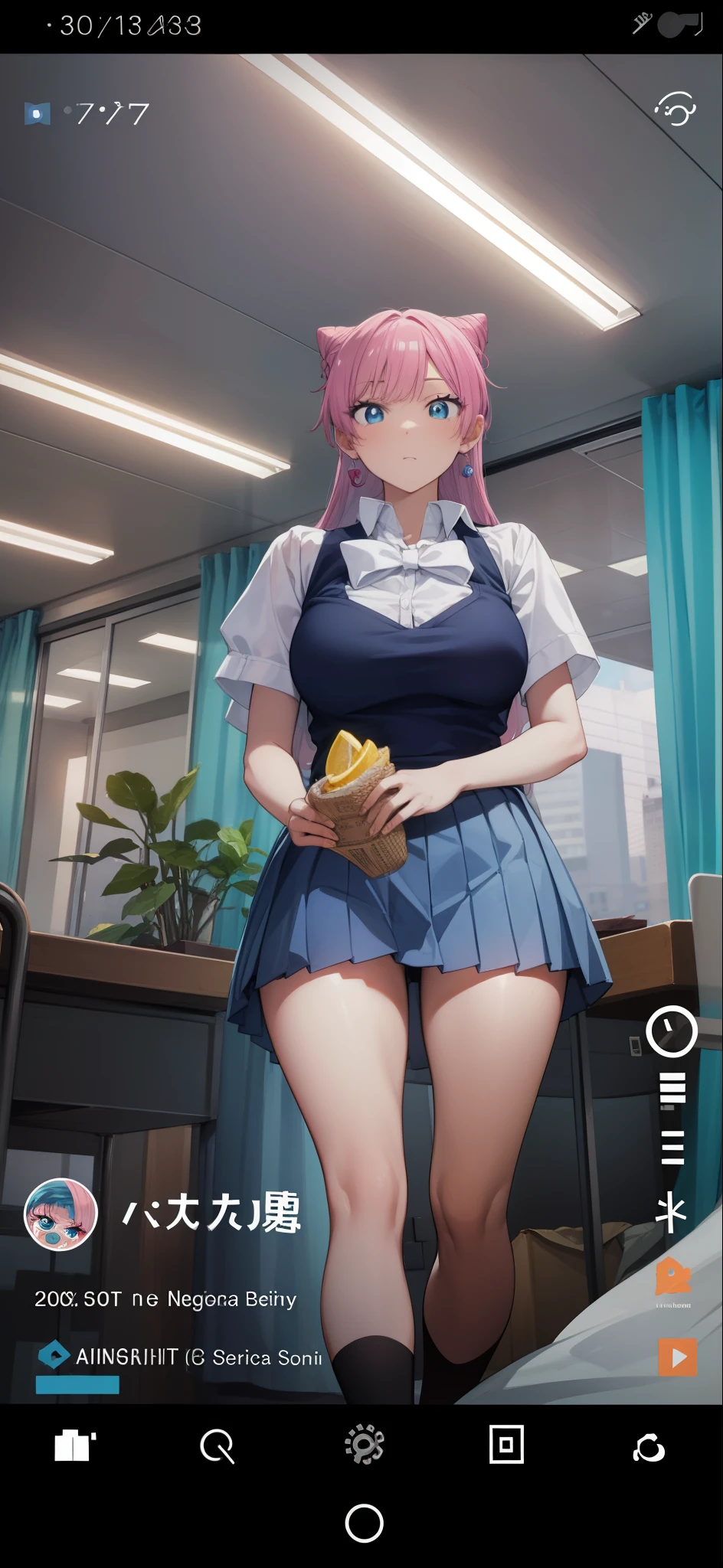 akariwatanabe, akari watanabe, long hair, blue eyes, pink hair, hair bun, double bun, cone hair bun,
BREAK skirt, shirt, bow, jewelry, pleated skirt, earrings, blue skirt, blue shirt,
BREAK looking at viewer, full body,
BREAK indoors, classroom,
BREAK (masterpiece:1.2), best quality, high resolution, unity 8k wallpaper, (illustration:0.8), (beautiful detailed eyes:1.6), extremely detailed face, perfect lighting, extremely detailed CG, (perfect hands, perfect anatomy),