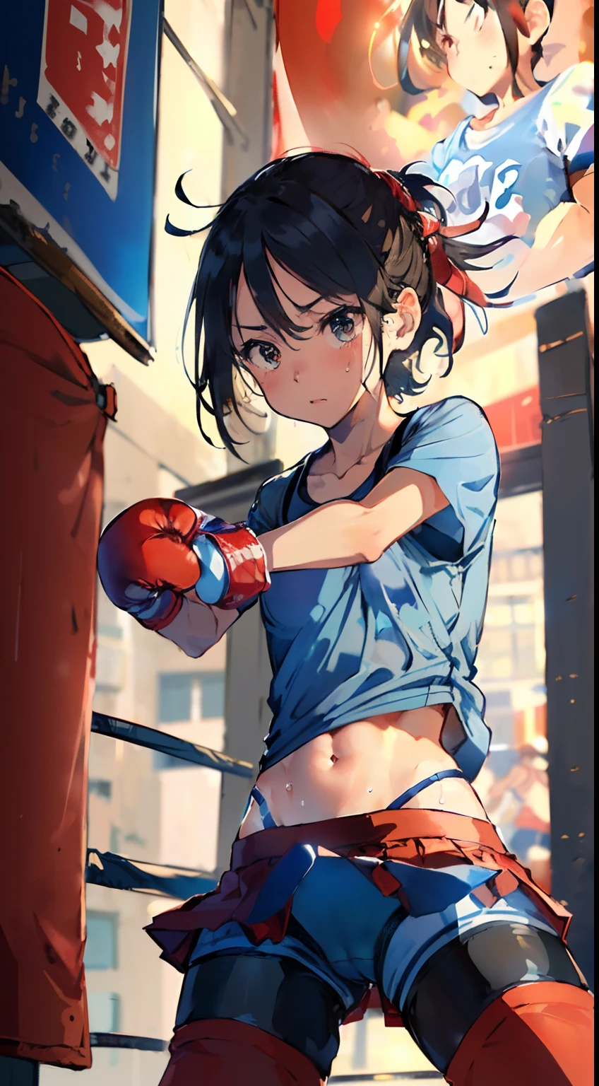 masterpiece, best quality, ultra-detailed, illustration, an extremely delicate and beautiful,high resolution, ultra-detailed,,perfect face,slender perfect body, Tight belly,Toned buttocks,Constricted waist,,1girl,(blue school uniform1.7),(bike shorts under red skirt:1.5),(in skyscraper:1.3),10yo,child,(boxing gloves,fighting pose:1.5),(mesh hair:1.2),(very short hair),(anger),(shirt comes off:1.7),(very long hair), shy daughter, short stature,(small breasts),( sweaty skin:1.2),(front view:1.5),(bike shorts),(show off bike shorts),(spread legs),(cameltoe:1.2)