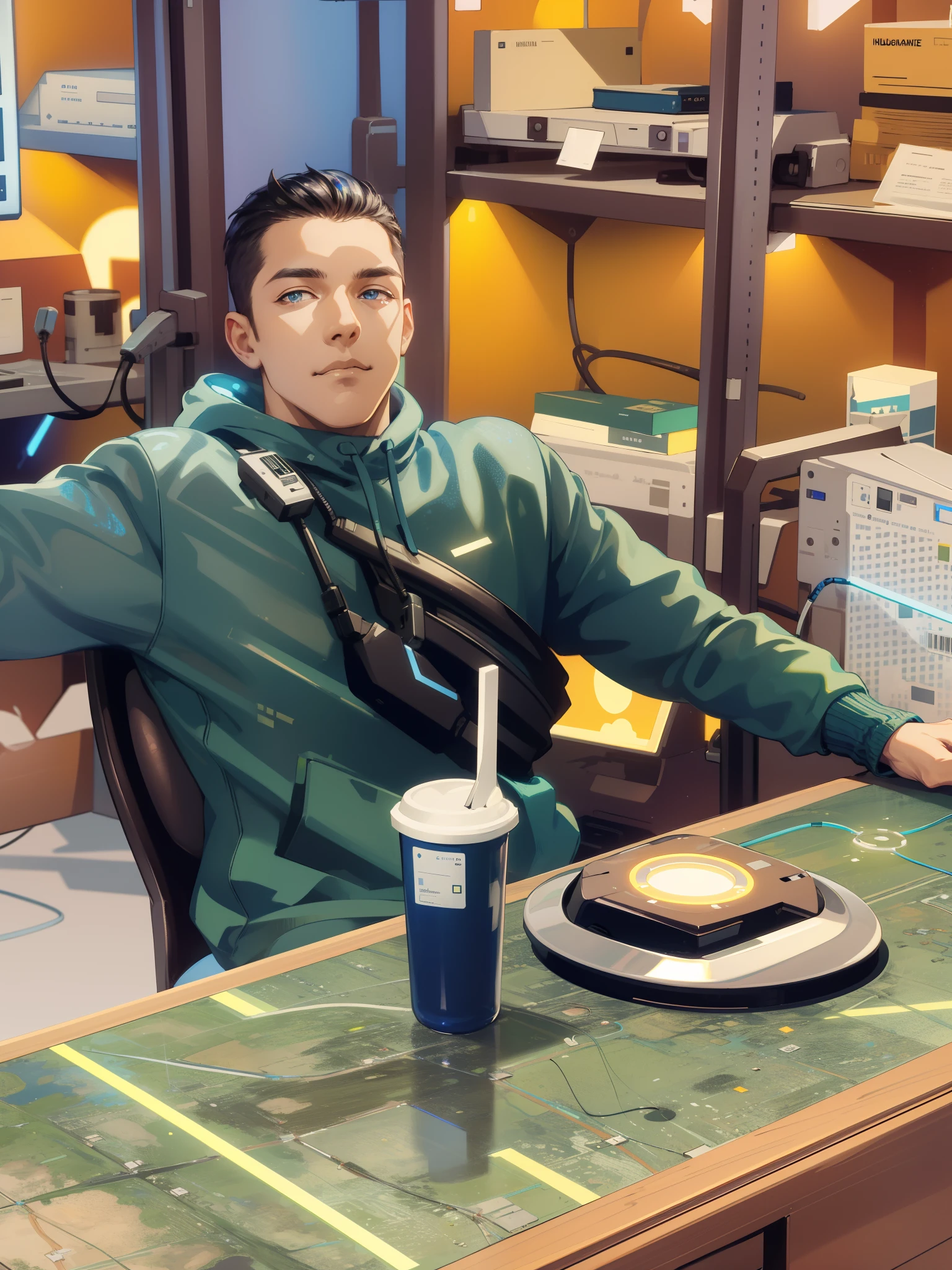 (absurdres, highres, ultra detailed), 1 male, mature, manly, tall muscular, handsome, finely detailed eyes, intricate details, portrait, looking at viewer, solo, half shot, detailed background, detailed face, (1980s synthwave theme:1.1)  high-tech futuristic hacker, smirk, advanced technology, hoodie, techwear, wearable device, keycard, cables,   (holographic display:1.05),   computer, password, control panel in background, blue lights,  dark sinister atmosphere, shadows,