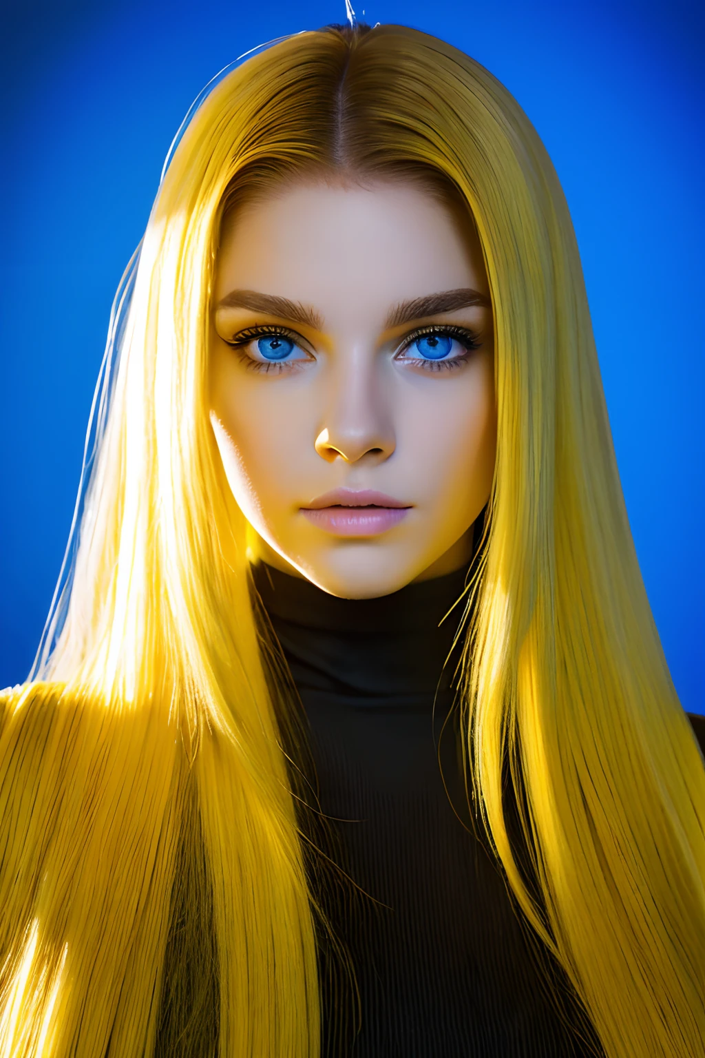 Face Barbara Palvin、Yellow hair、Longhaire、Blue eyes、Realistic Woman、Yellow aura、Black background、fulHD、