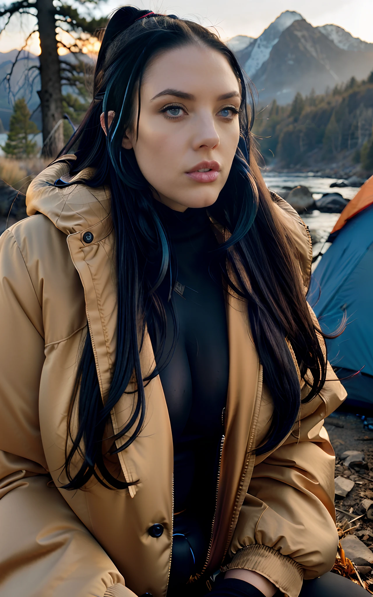 hyper-realistic photo of Angela White, 28, (wearing black cotton leggings, ocher down jacket, closed) (piercing, blue eyes) (silky, loose hair) (skin texture), mountains, nature, trees , rocks, river, current, smoke, campfire (camping inspiration) analog quality, best shadow, film grain, high contrast, raw, lut instagram