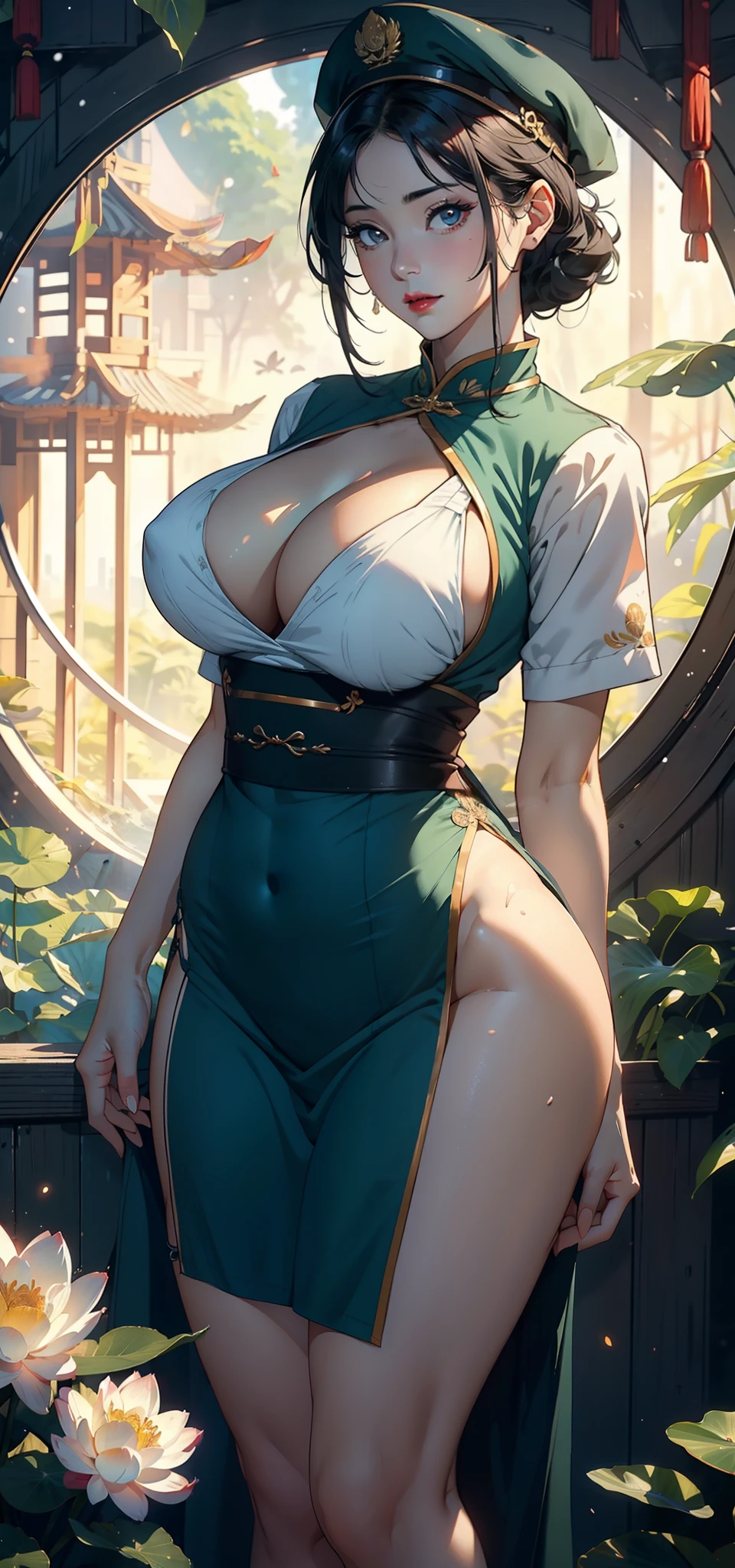 1female，45 yers old，A MILF，熟妇，mature，extremely large bosom，huge tit， 独奏，（Background with：Huge Moon，the rainforest，lotus flower） She has short black hair，bobo head，，seen from the front， standing in forest， mostly cloudy sky，（（（tmasterpiece），（Very detailed CG unity 8K wallpaper），best qualtiy，cinmatic lighting，detailed back ground，beatiful detailed eyes，Bright pupils，Black eyes，Snow-whiteskin，Redlip（Very fine and beautiful），（Beautiful and detailed eye description），ultra - detailed，tmasterpiece，））facing at camera，A high resolution，ultra - detailed），revealing breasts，Bare genitalia，  Bulge，legs are open，Raised sexy，Camel toes，Flushed complexion，Desire for dissatisfaction，frontage，on cheongsam，Chinese flight attendant（Wearing：military hat，green apron）