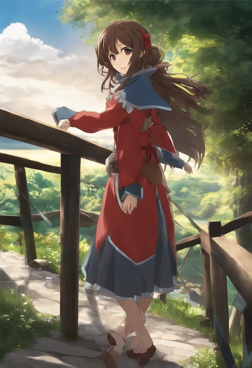 Red Riding Hood Arte por Yaguru Magiku, Uma adolescente vestindo uma armadura de cavaleiro negro, sorriso irritado, in the style of Kyoto Animation in the 2010s, Arte Oficial, ((((cabelos pretos)), olhos de Haruhi Suzumiya, rosto de Haruhi Suzumiya)), beautiful symetrical face, rabo-de-cavalo, em um castelo europeu medieval em um dia de outono, fantasia, soio, sozinho, 8k, pose de Haruhi Suzumiya