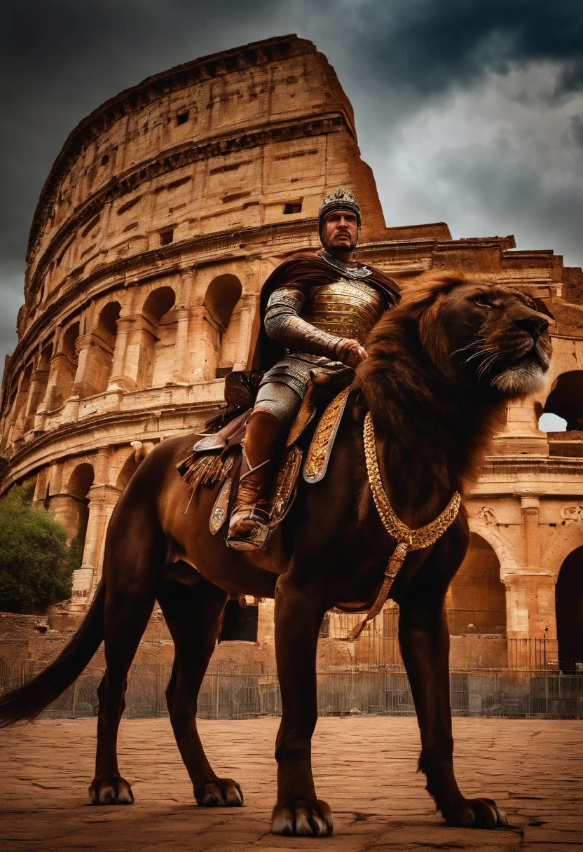 Guerrero espartano, peleando en el coliseo contra dos leones, Armadura sangrienta, epopeya, 8k