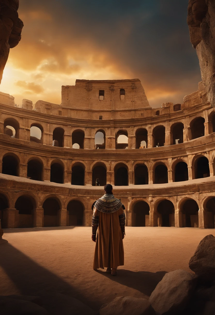 Guerrero espartano, peleando en el coliseo contra dos leones, Armadura sangrienta, epopeya, 8k