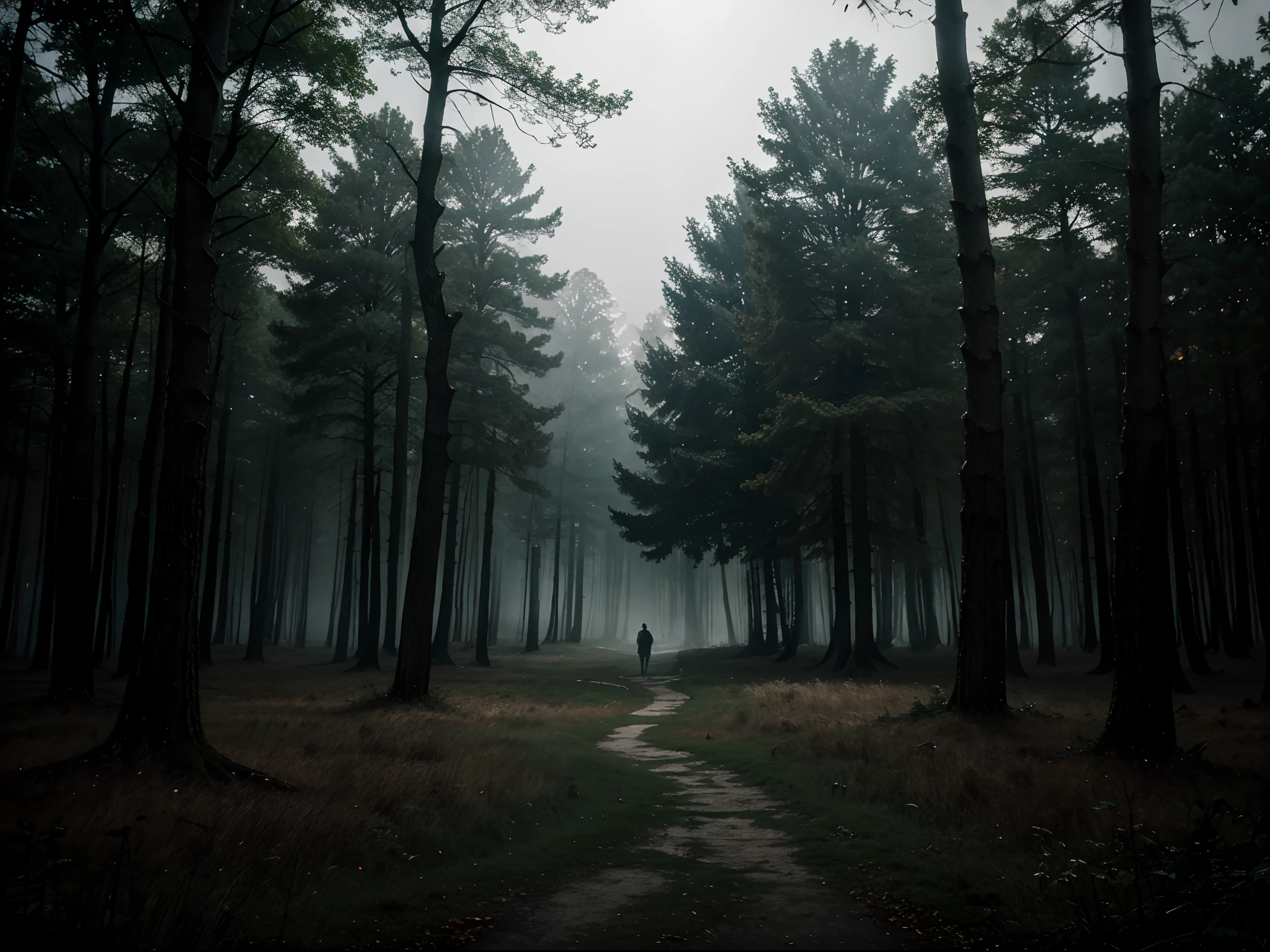 (masterpiece, best quality), best resolution, mist in the woods, night, mysterious figures in the mist