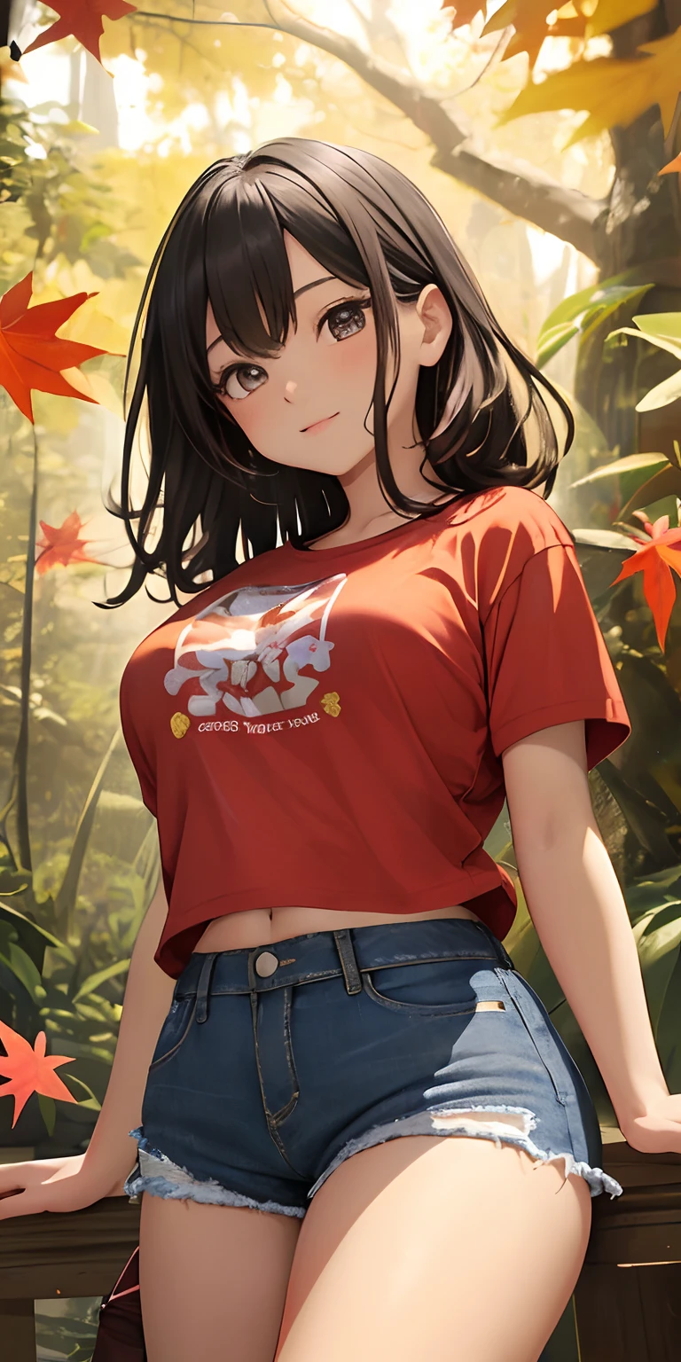 top-quality、Top image quality、​masterpiece、 girl、skin gloss、the contours of the chest are clear,、Dynamic super close-up looking up from below with slightly larger breasts、Slightly thicker emphasis on the thighs、Red T-Shirt Denim Shorts、Bare legged、Face Real、Face smile、Autumn foliage、Versatile sexy poses
