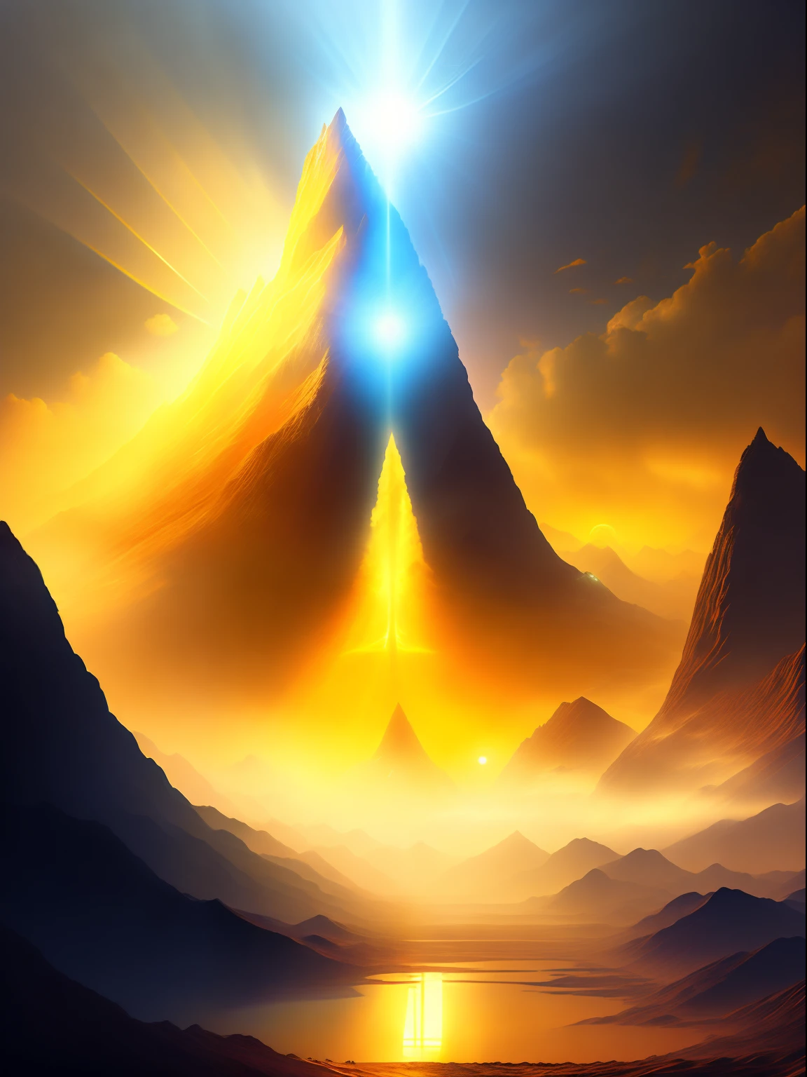 Best quality, masterpiece, ultra high res, (photorealistic:1.4), raw photo,Land of Heavens, mountains illuminated by a mist, mist descending and ahead a to Lord of the Rings, Sauron, fantasy, yellow, orange tones, T-shirt design, midjourney, vector art, hydro74, solar flares, halo effects, suite, cinematic lighting, serene bliss, diffused light, daylight, god rays, sun rays, chromatic abberation, caustics