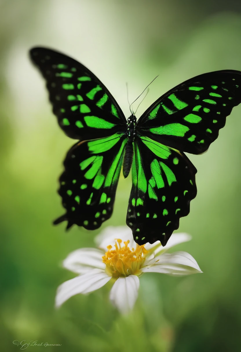 There is a green and black butterfly emerging from a chrysalis, floresta, uma bela fada da floresta, lindas asas abertas, s, she is floating in the air, mulher loira alongamento, enchanted with nature spirit, ascendente feminino, fada adulta