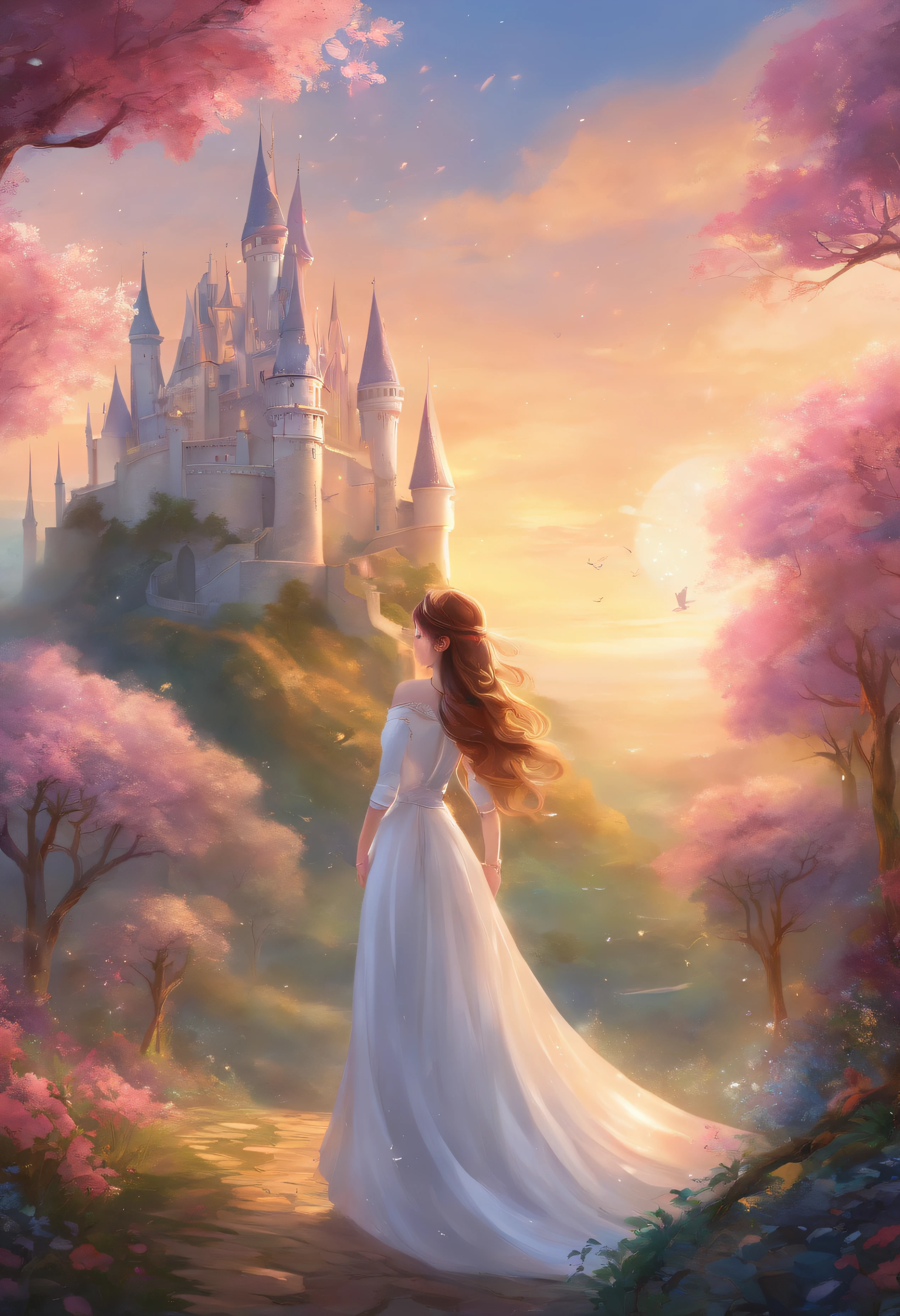 Woman in white dress standing in front of castle, in style of disney animation, very magical and dreamy, beautiful anime scene, The most beautiful scenes, Great Great Composition, in white clouds fairyland, anime barbie in white, lost in a dreamy fairy landscape, A paradise like a fairyland, Beautiful and aesthetic, anime beautiful peace scene, magical flowers