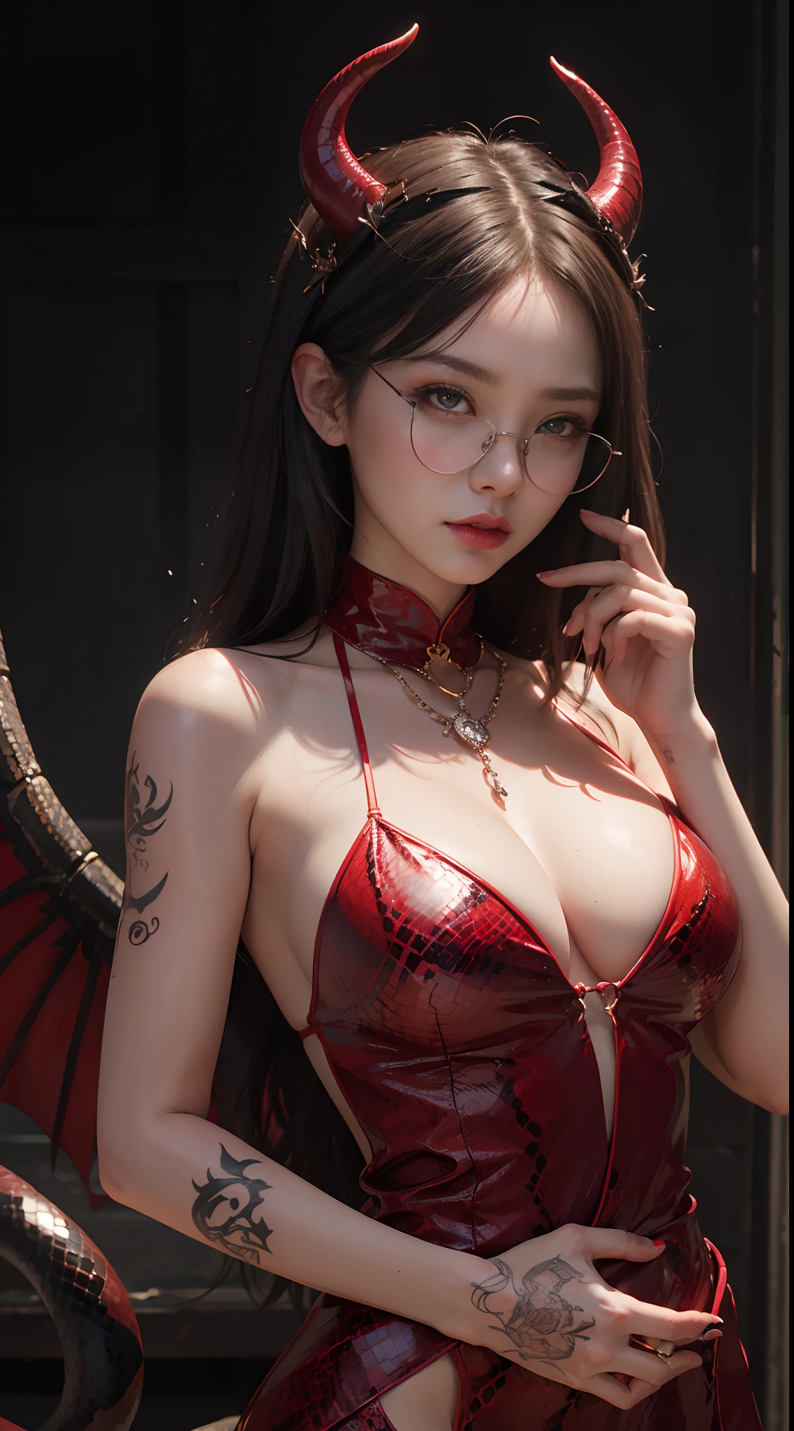 Fine、(The best illustrations)、8k UHD resolution、intricate-detail、top-quality、realisitic、ultra-detailliert、The best lighting、Best Shadows、Soft lighting、Ulutra HD、1 beautiful devil woman from hell, surreal female portraits by David Hockney and Alphonse Mucha, Portrait of a seductive woman、Fantasy Art, Chinese Doll、Dungeon、The dragon、Devil's Palace、Devil's Torture Chamber、magia、 Evil Nun、Dark Necromancer、natta、Dark style、Succubus、Devil's Daughter、Umi Shinonome、Bat Wings,(((Demon Horns)))、((((black-rimmed round glasses))))、(((Colossal )))、(Devil's Tail)、(red eyes glowing:1.6)、 intricate tattoos, demonic intricate tattoos, thigh tattoos, body tattoos, masterpiece、beautiful countenance、a baby face、Muscular seductive body、The enchanting body of the devil、Chinese actress、Seductive Black Magic Costume、(((A shiny red snake is wrapped around her body)))、Tindall Effect、photos realistic、(High Detail Skins:1.2)、 (Intricate details, makeup, pureerosface_v1:0.5), (Detailed beautiful delicate face, Detailed beautiful delicate eyes, A perfectly proportioned face, High detailed skin, Detailed skin, best ratio four finger and one thumb, arms below breattoo with a red glow under the stomach、Awesome awesome, wide hips, smooth midriff, skiny and thin, __Fashion__, __hair__:1.25)、Digital SLR、hightquality、a picture、hight resolution、 absurderes、Ponytail distortion、女の子1人、Red skling gemstone necklace、jewely、Beautiful expression、Body Up、Large breasts emphasd waist、Wide buttocks、Devil's Tailte tattoos, demonic intricate tattoos, thigh tattoos, body tattoos, effect、Photorealsitic、(High Detail Skins:1.2)、In the Dark, lowkey, cowboy lens, (red phoenix dress: 1.0), Seductive Black Magic Costume、Long hair, Black hair, Bust, Devil's Palace, devil crown, red eyes make up very sharp and detailed, The most beautiful face, Super tight breasts, Breast augmentation , The brere very big and round and round, agic costume、Super realistic , Charming smile,a baby face、 The eyes