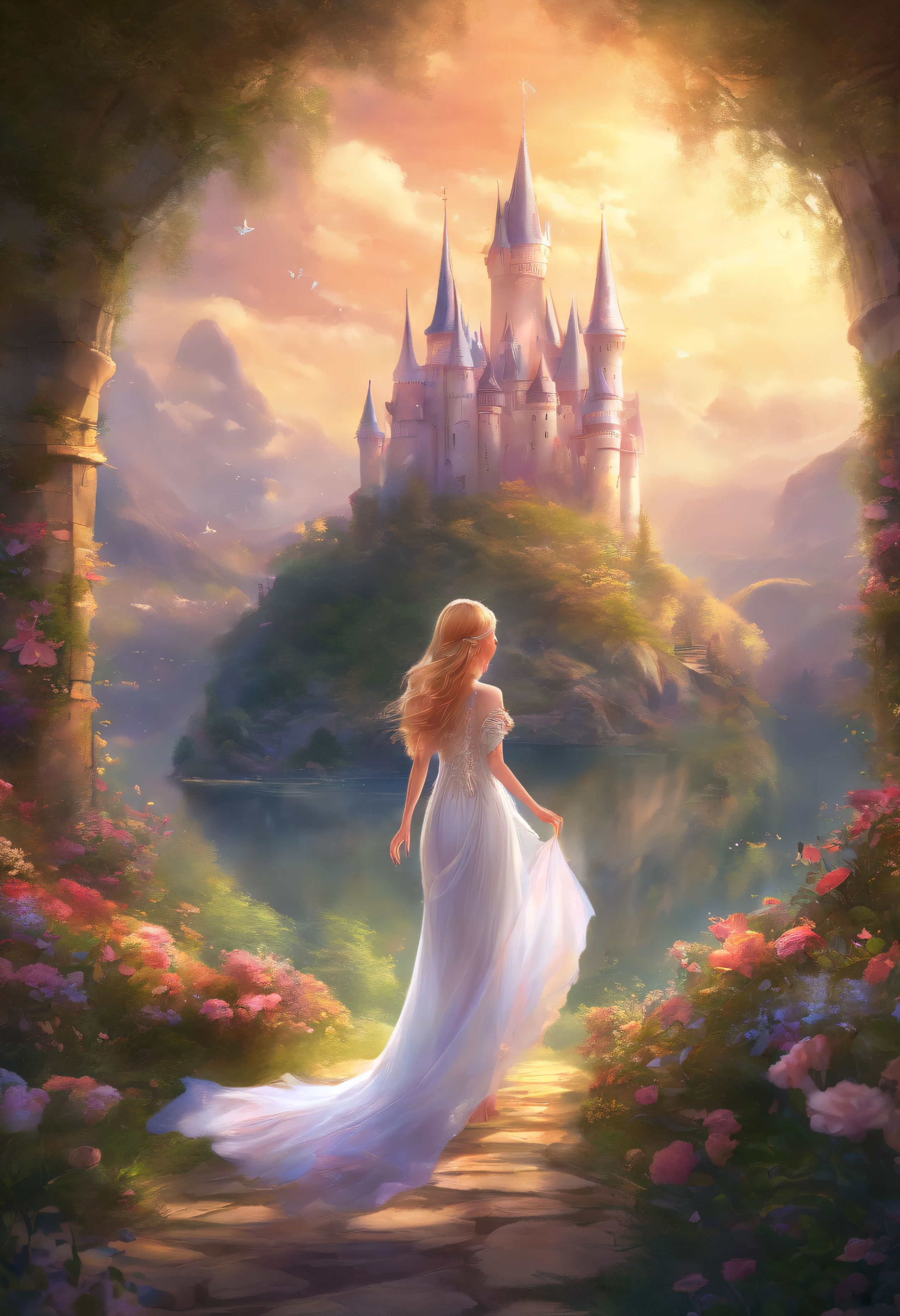 Woman in white dress standing in front of castle, in style of disney animation, very magical and dreamy, beautiful anime scene, The most beautiful scenes, Great Great Composition, in white clouds fairyland, anime barbie in white, lost in a dreamy fairy landscape, A paradise like a fairyland, Beautiful and aesthetic, anime beautiful peace scene, magical flowers