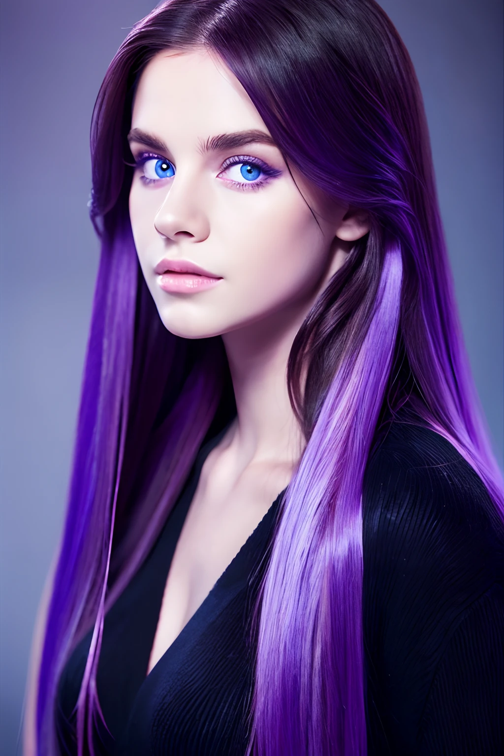 Face Barbara Palvin、purple color hair、Blue eyes、Longhaire、Realistic Woman、Black background、fulHD