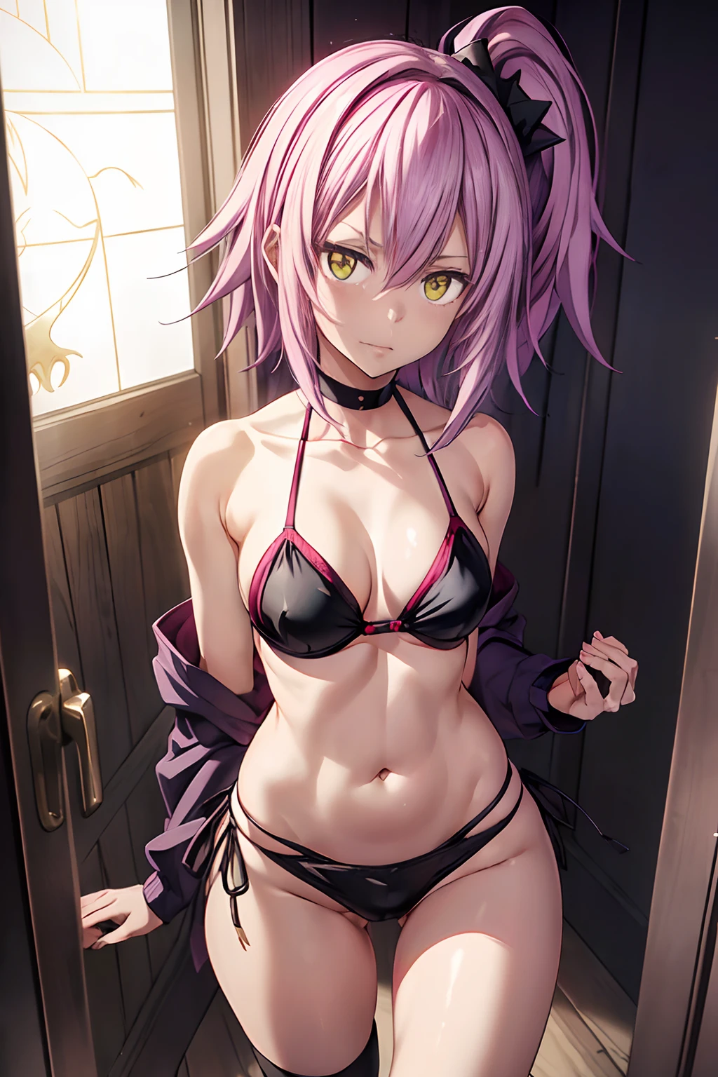 1 menina de um anime com cabelo roxo, no quarto, 1 girl, somente, ((sadistic)), olhos amarelos, Purpose, cabelo rosa, olhando para mim, ((censura)), ((Lastly)), Wearing a bikini shorts, (((rabo de cavalo lateral))), (((pernas tonificadas))), coxas musculosas espessas, cintura fina, barriga musculosa, Hands on hips, bare foot, 8k, (((sentado na cadeira com pernas cruzadas olhando para mim)))
