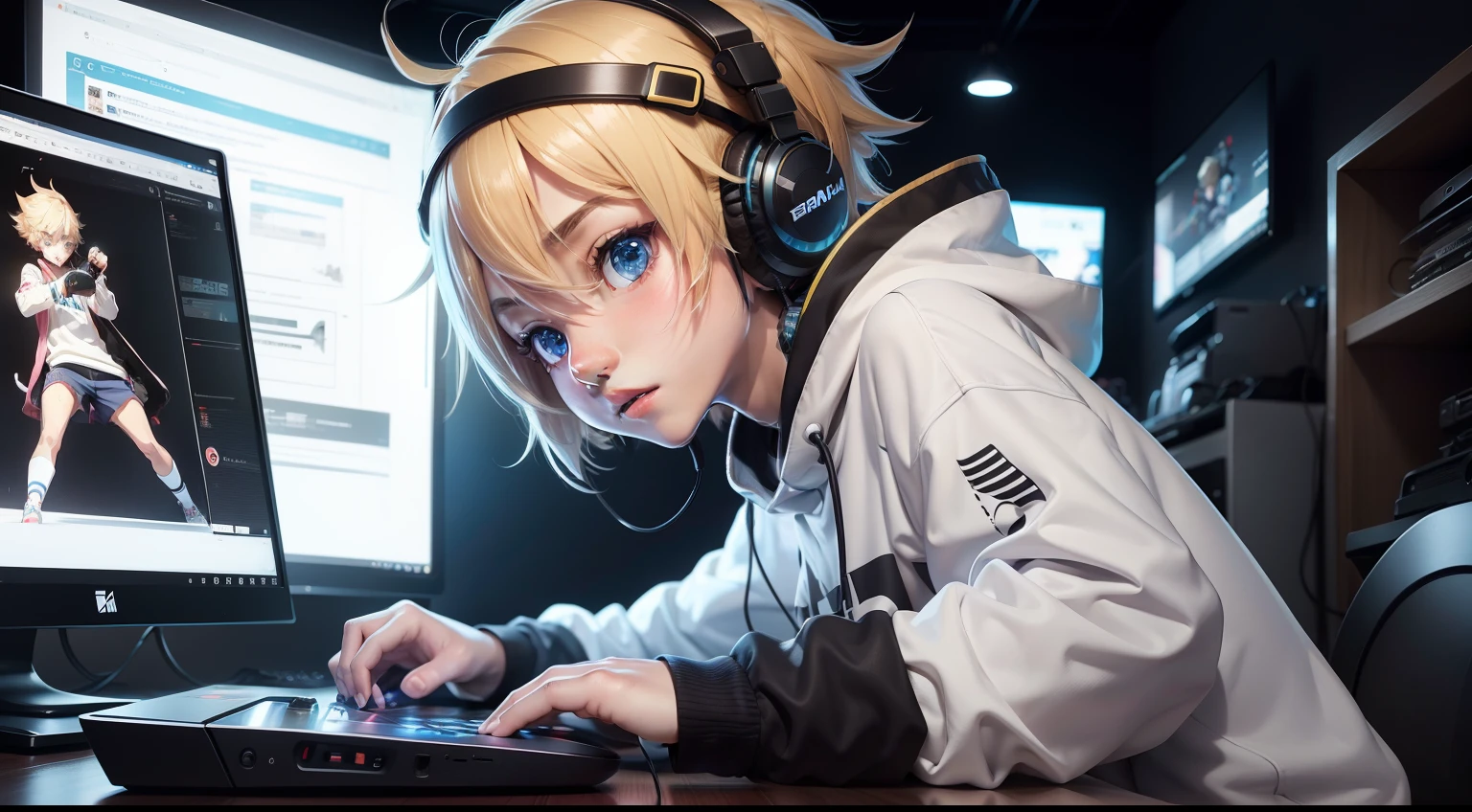 There is a streamer playing with a gamer computer and headphones, 2D anime style artwork, boy with sweatshirt, 3G Jervis, digital anime illustration, The boy is in front of the camera.