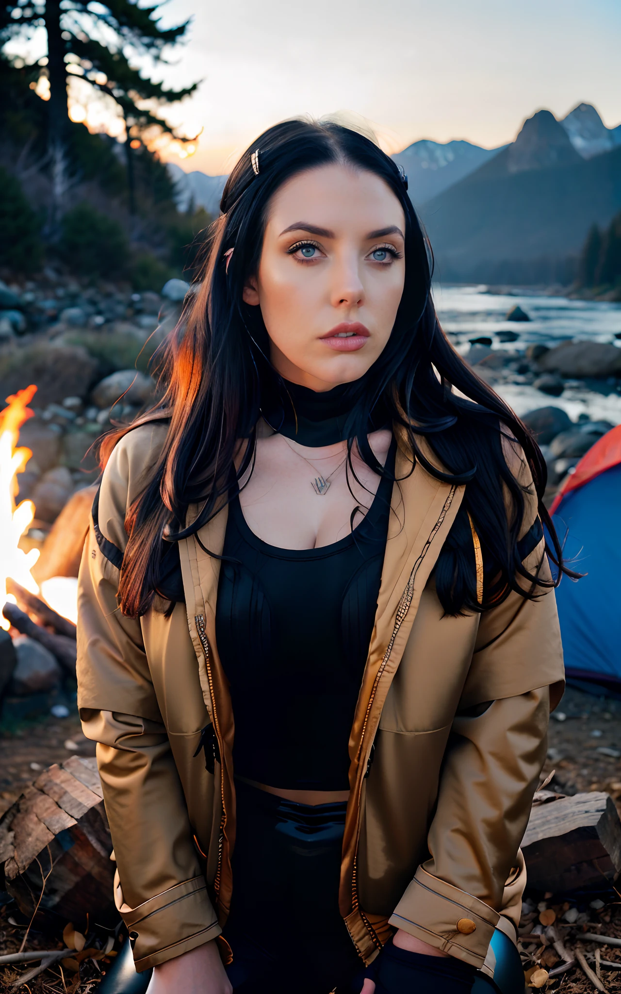 hyper-realistic photo of Angela White, 28, (wearing black cotton leggings, ocher down jacket, closed) (piercing, blue eyes) (silky, loose hair) (skin texture), mountains, nature, trees , rocks, river, current, smoke, campfire (camping inspiration) analog quality, best shadow, film grain, high contrast, raw, lut instagram