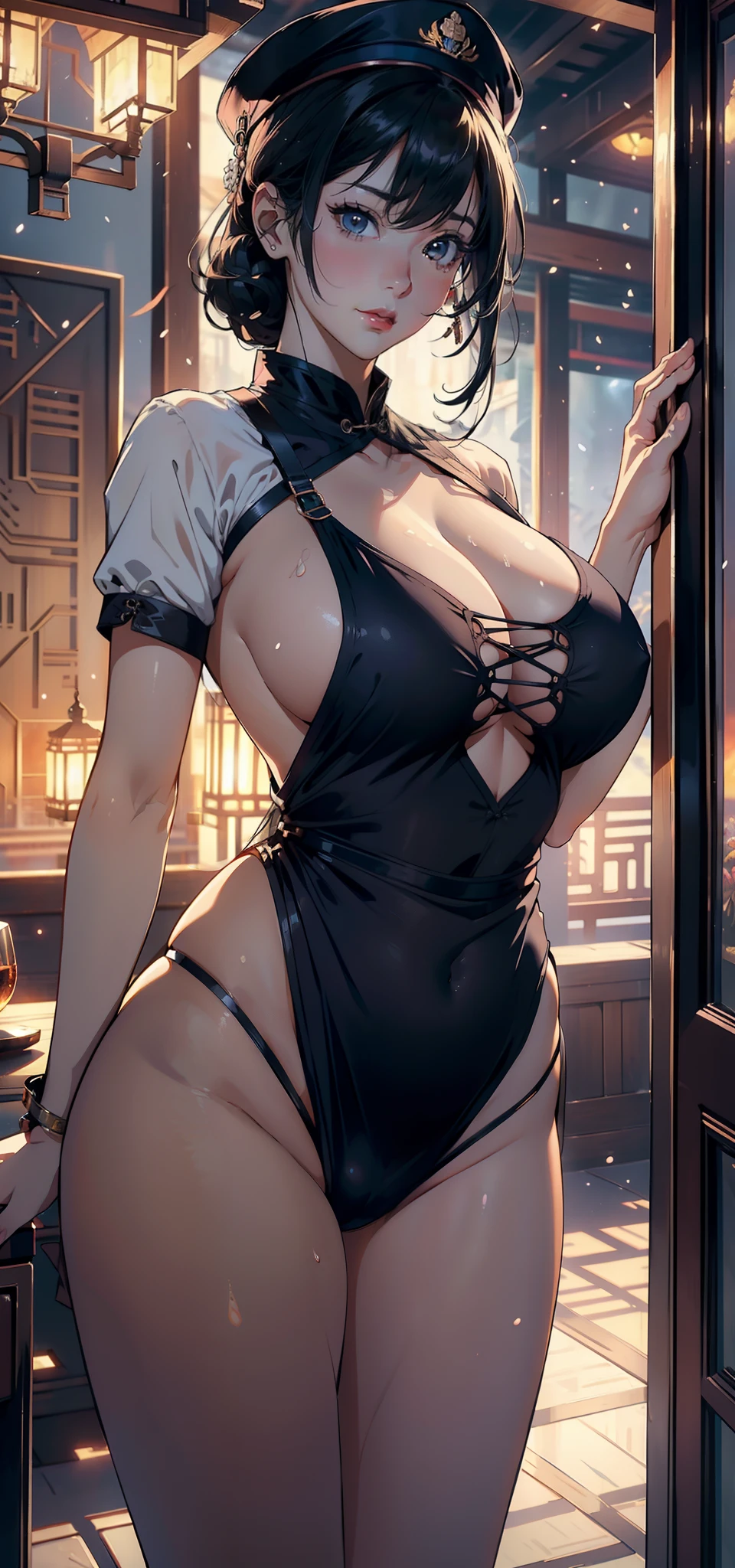 1female,45 yers old,A MILF,熟妇,mature,extremely large bosom,huge tit, 独奏,(Background with:Huge Moon,the rainforest,lotus flower) She has short black hair,bobo head,,seen from the front, standing in forest, mostly cloudy sky,(((tmasterpiece),(Very detailed CG unity 8K wallpaper),best qualtiy,cinmatic lighting,detailed back ground,beatiful detailed eyes,Bright pupils,Black eyes,Snow-whiteskin,Redlip(Very fine and beautiful),(Beautiful and detailed eye description),ultra - detailed,tmasterpiece,))facing at camera,A high resolution,ultra - detailed),revealing breasts,Bare genitalia, Bulge,legs are open,Raised sexy,Camel toes,Flushed complexion,Desire for dissatisfaction,frontage,on cheongsam,Chinese flight attendant(Wearing:military hat,Transparent apron)