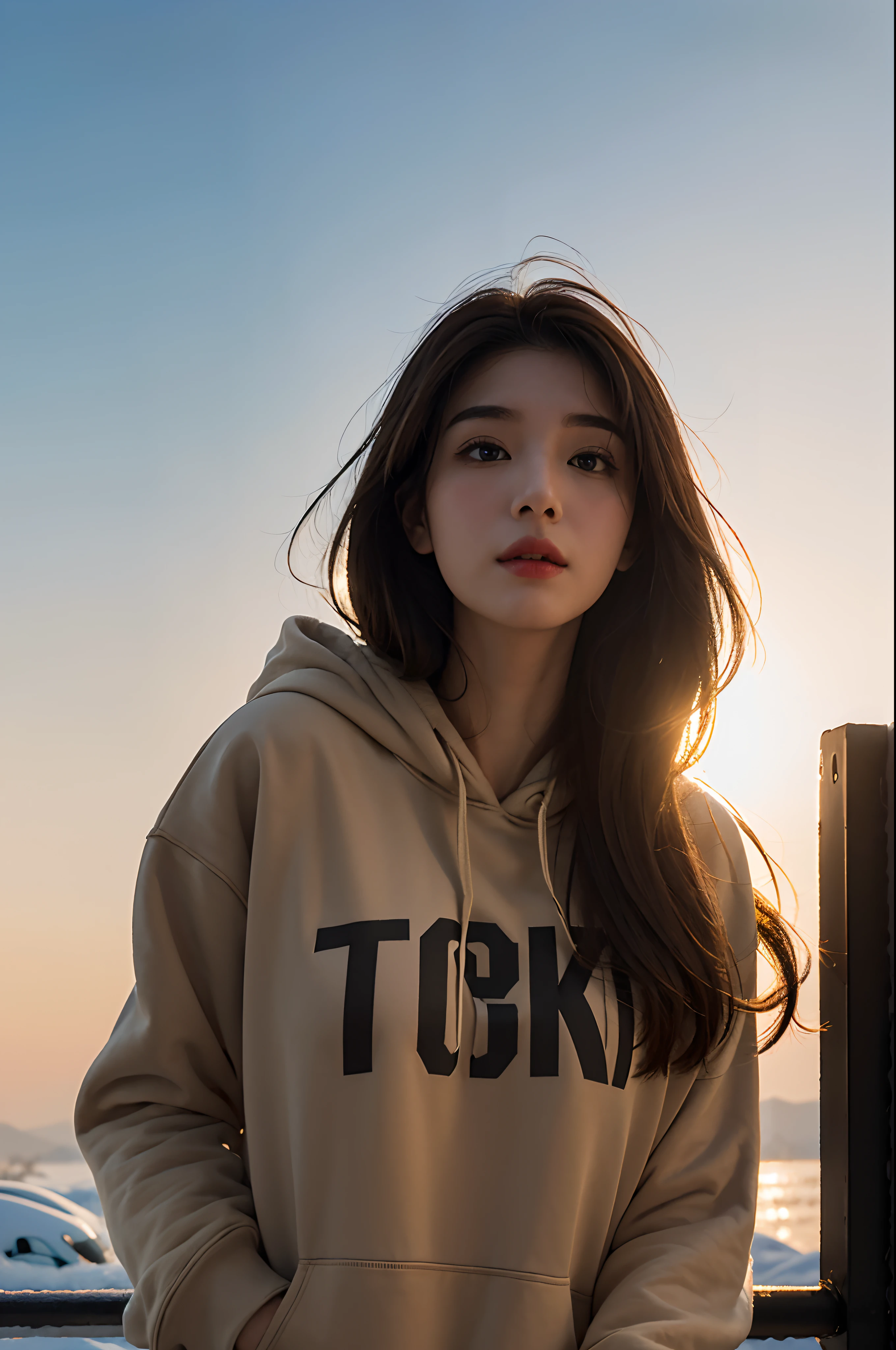 ((top-quality、8K、​masterpiece:1.3))、Poster on wall that says ‘Thanks 5000 followers 💋’、 1girl in、Beautiful woman standing on snowy mountain:1.3、(brown long-haired、Colossal tits:1.4)、(Big Silhouette M51 Field Hoodie:1.5)、Super delicate face、Delicat eyes、二重まぶた、Close-up of upper body from below、Sunset、