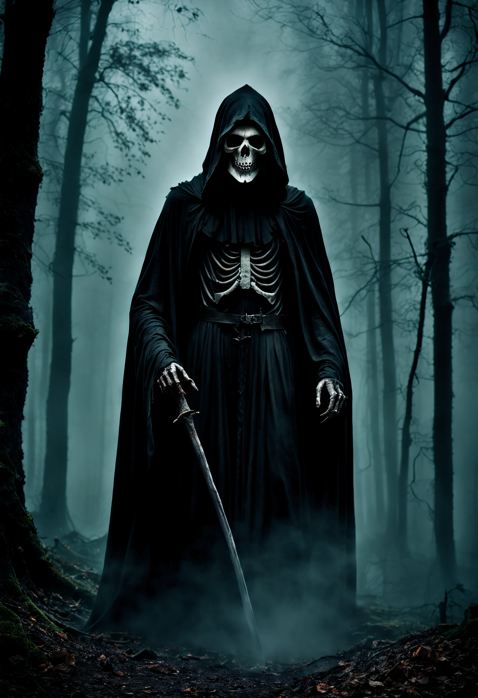 Best Quality, Masterpiece, Ultra High Resolution, (Realism: 1.4), Original Photo, A chilling and haunting scene featuring the Grim Reaper in a misty, dark forest. The eerie mist adds an atmosphere of mystery and dread. High-resolution image of the Grim Reaper, sinister and foreboding, dark and shadowy woods, tattered robes, skeletal hand, wicked scythe, haunting atmosphere, eerie forest, supernatural presence, bone-chilling art.
