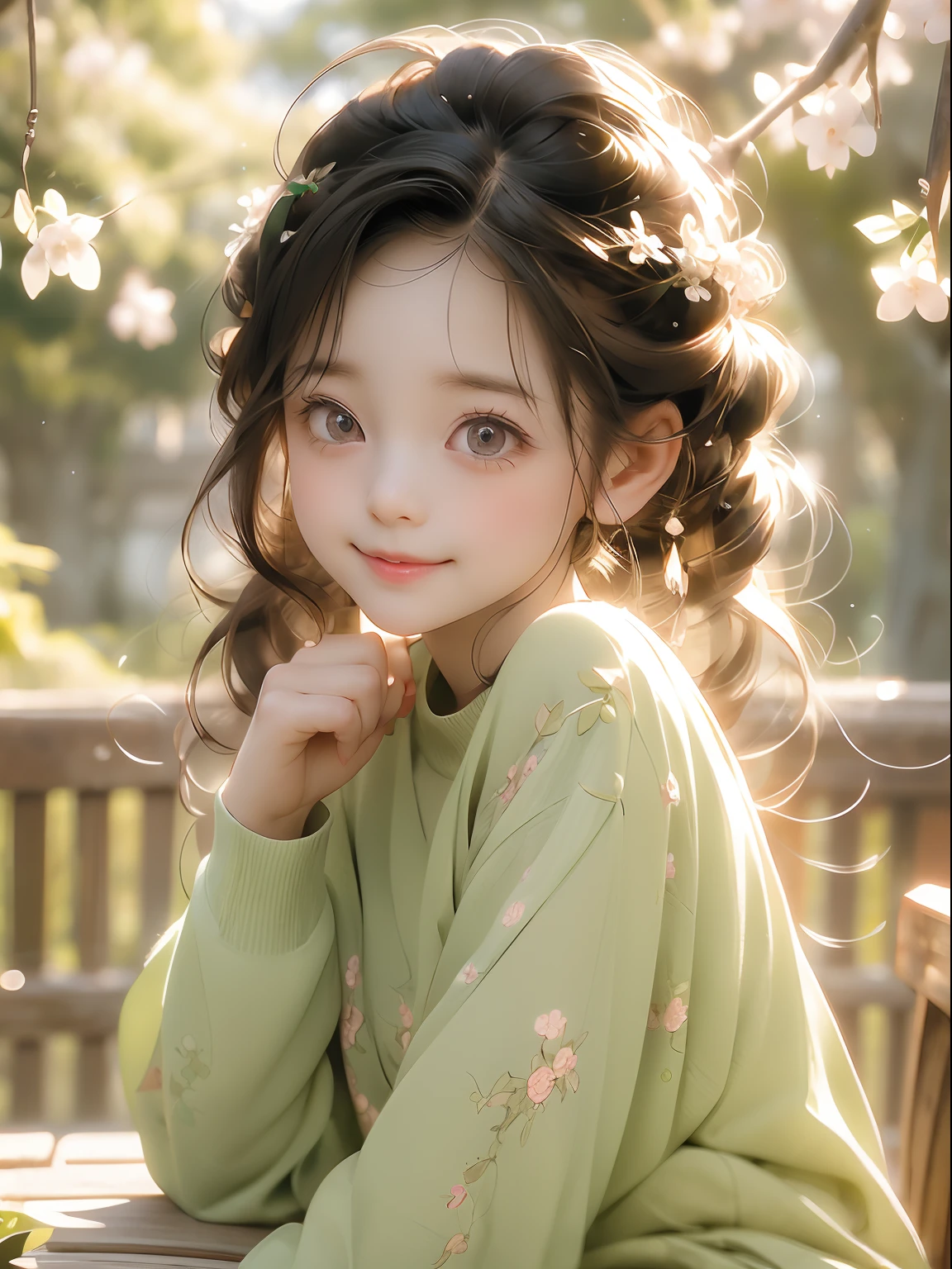 anime *********** with big eyes and a Green sweater sitting at a table, cute anime face, cute expression, extremely cute anime girl face, cute natural anime face, cute large eyes , Smiling , Cherry blossom, big cute eyes, with cute doting eyes, cute detailed digital art, beautiful anime face