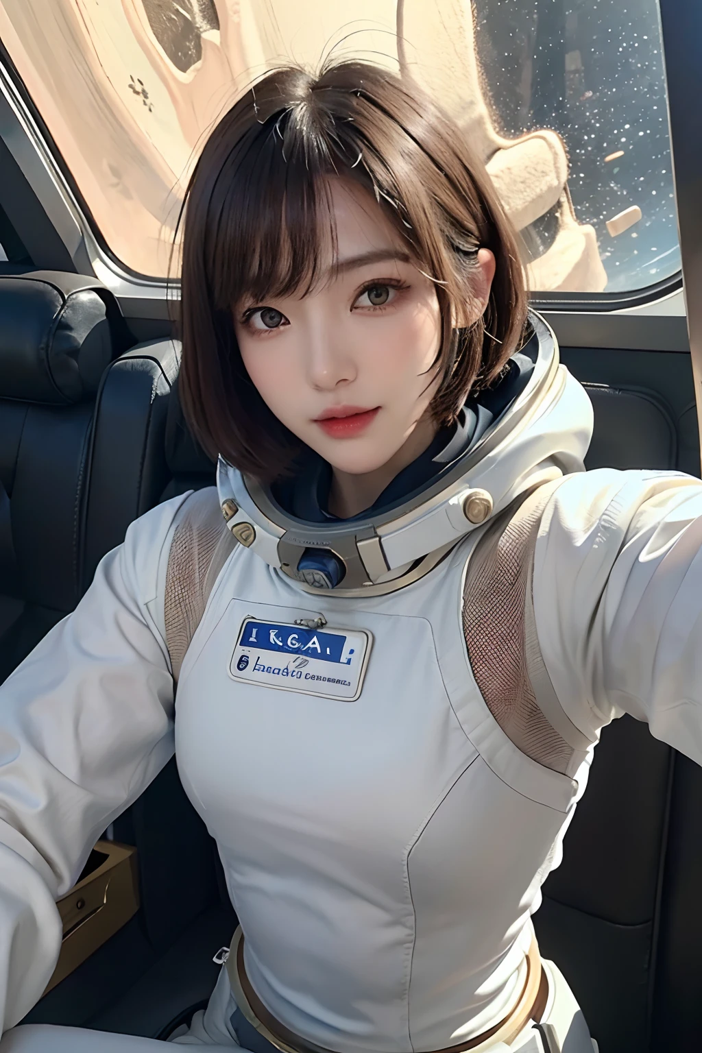 Ultra-high resolution、(Real:1.4)、One beautiful woman、Beautifully detailed eyes and skin、Angry face、Light brown short hair、Small Bust、Intricately designed spacesuit、wasteland、desert、Valley、Rocky Mountain、Remains of a large spaceship in the distance、Remains of megastructures、Cloudy sky、Weak afternoon sunlight、It's going to rain、A flood、