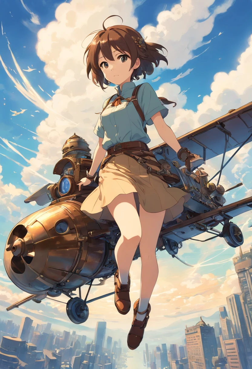 A woman in a blue shirt and brown skirt is flying in a plane - SeaArt AI