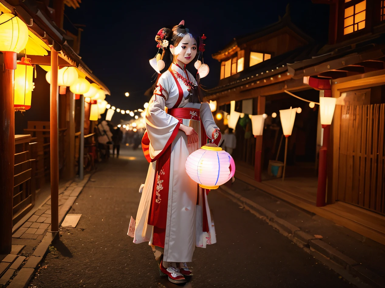 Hanfu costume woman standing sideways on the street,Carry ancient paper lanterns,Hair ancient maiden bun,