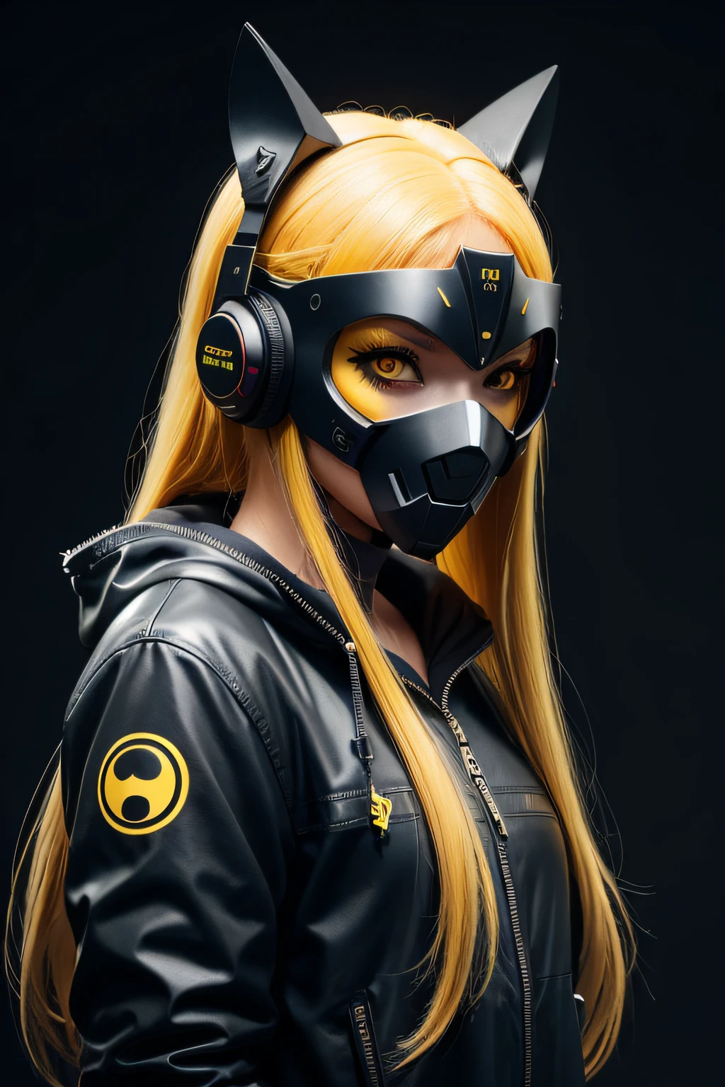 girl with long yellow hair, yellow eyes, futuristic vibes, mask on mouth, headphones, 8k, high quality, simple background, glowing eyes, nice pose