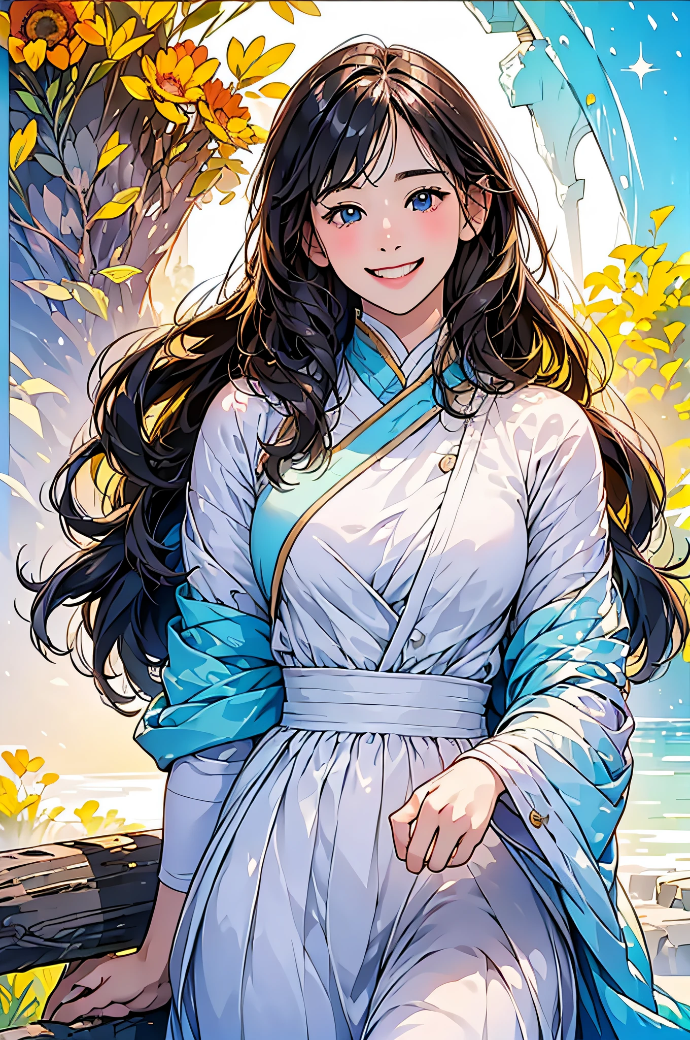 in 8K、top-quality、masterpiece:1.2)、1人の女性、(Smiling smile:1.1)、beautidful eyes、Valley、The upper part of the body、shorth hair、Like a boy、Colossal tits、Blue View、