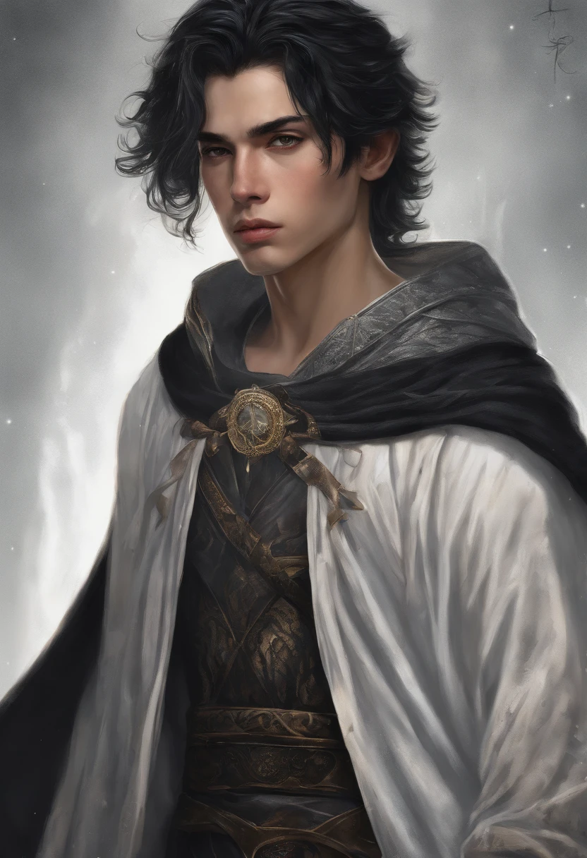 young god, light skin, fine features, beautiful face, black hair, black moon on the forehead, black cloak, lunar god, serious face, medium hair, thin nose, straight hair, oil painting, androgynous, perfect composition