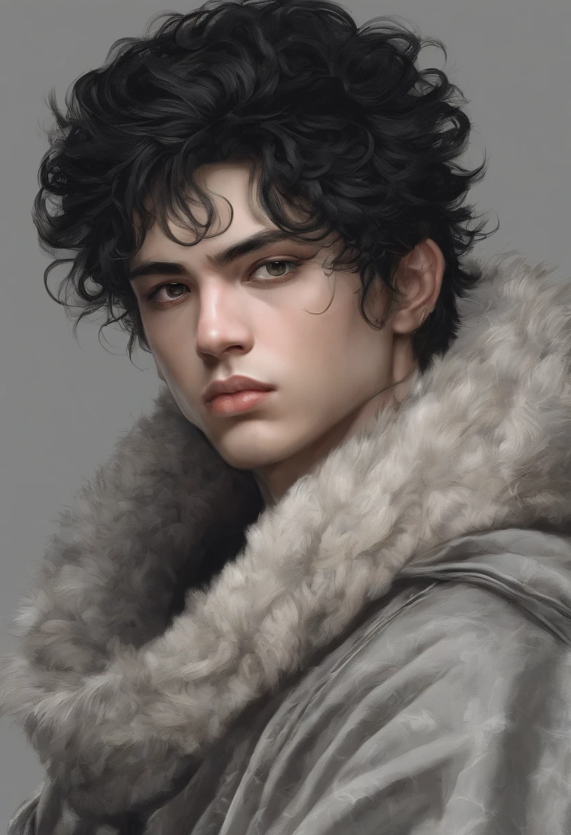 young god, light skin, fine features, beautiful face, black hair, black moon on the forehead, black cloak, lunar god, serious face, medium hair, thin nose, straight hair, oil painting, androgynous, perfect composition