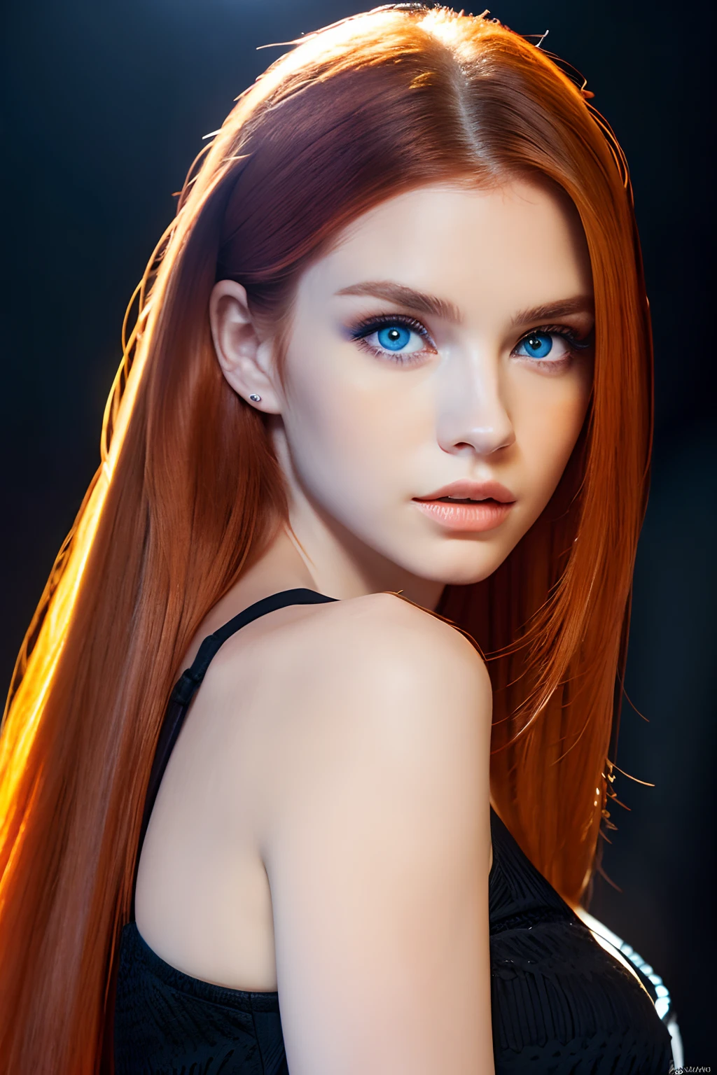 Face Barbara Palvin、orange color hair、Blue eyes、Longhaire、Black background、fulＨＤ