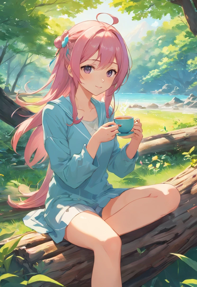 Sunnyday,garden,Woman sitting on a fallen tree drinking tea,Crisp eyes,long lashes,A pink-haired,Uma Musume,joyous expression,tits out,Light clothing,Footboard beauty