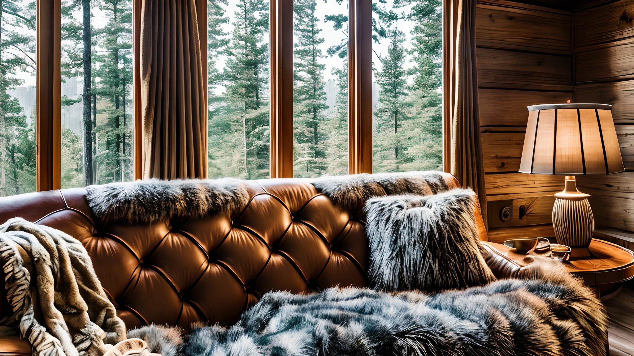 a dreamhouse cabin, in the woods, interior design, cozy, couch, throw blankets, fur rug, large windows, vogue editorial, HD, 8k, realism, realistic, photo realistic, hyper detailed, --auto --s2