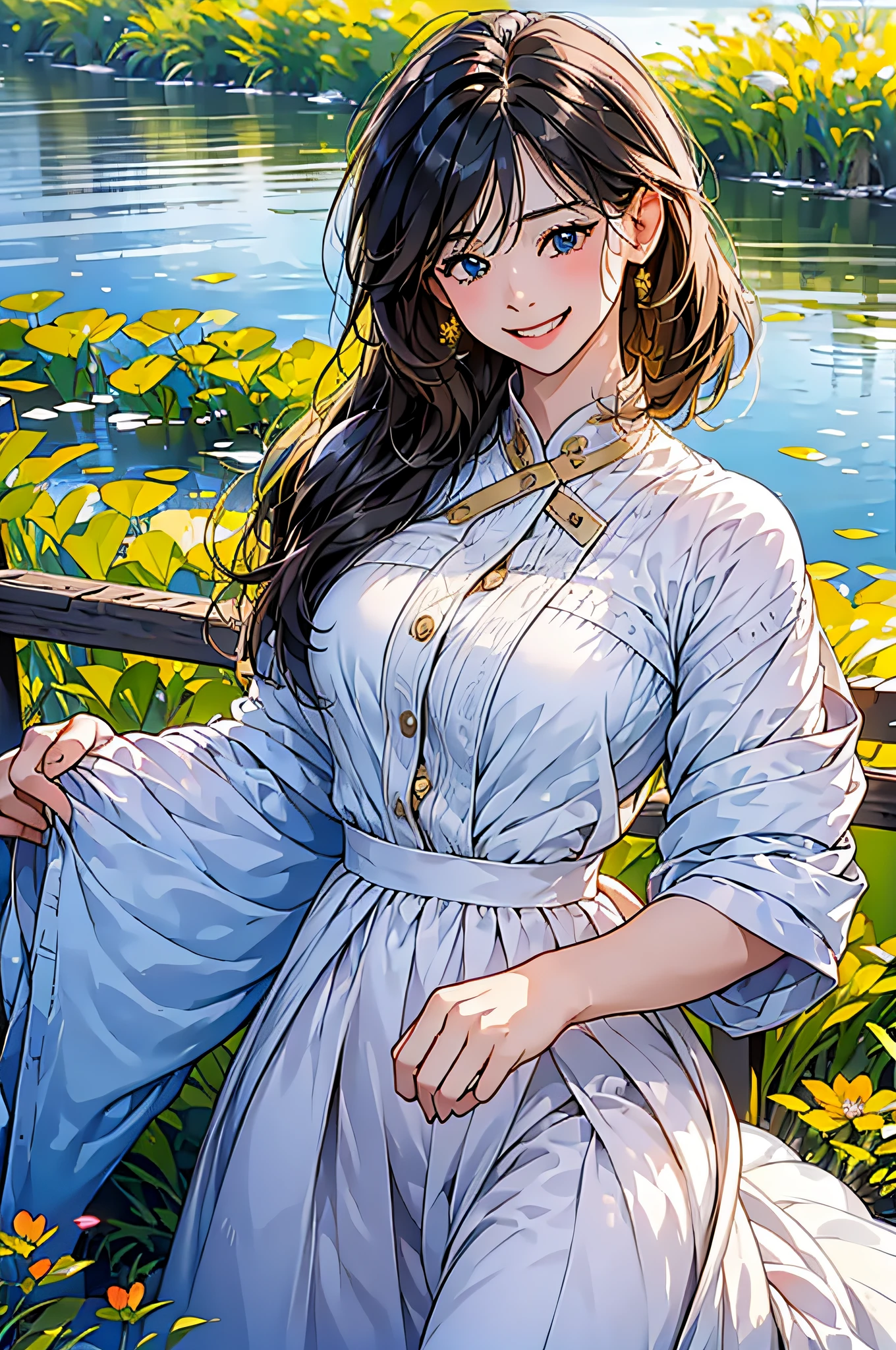 in 8K、top-quality、​masterpiece:1.2)、1人の女性、(Smiling smile:1.1)、beautidful eyes、Valley、The upper part of the body、shorth hair、Like a boy、Colossal tits、Blue View、