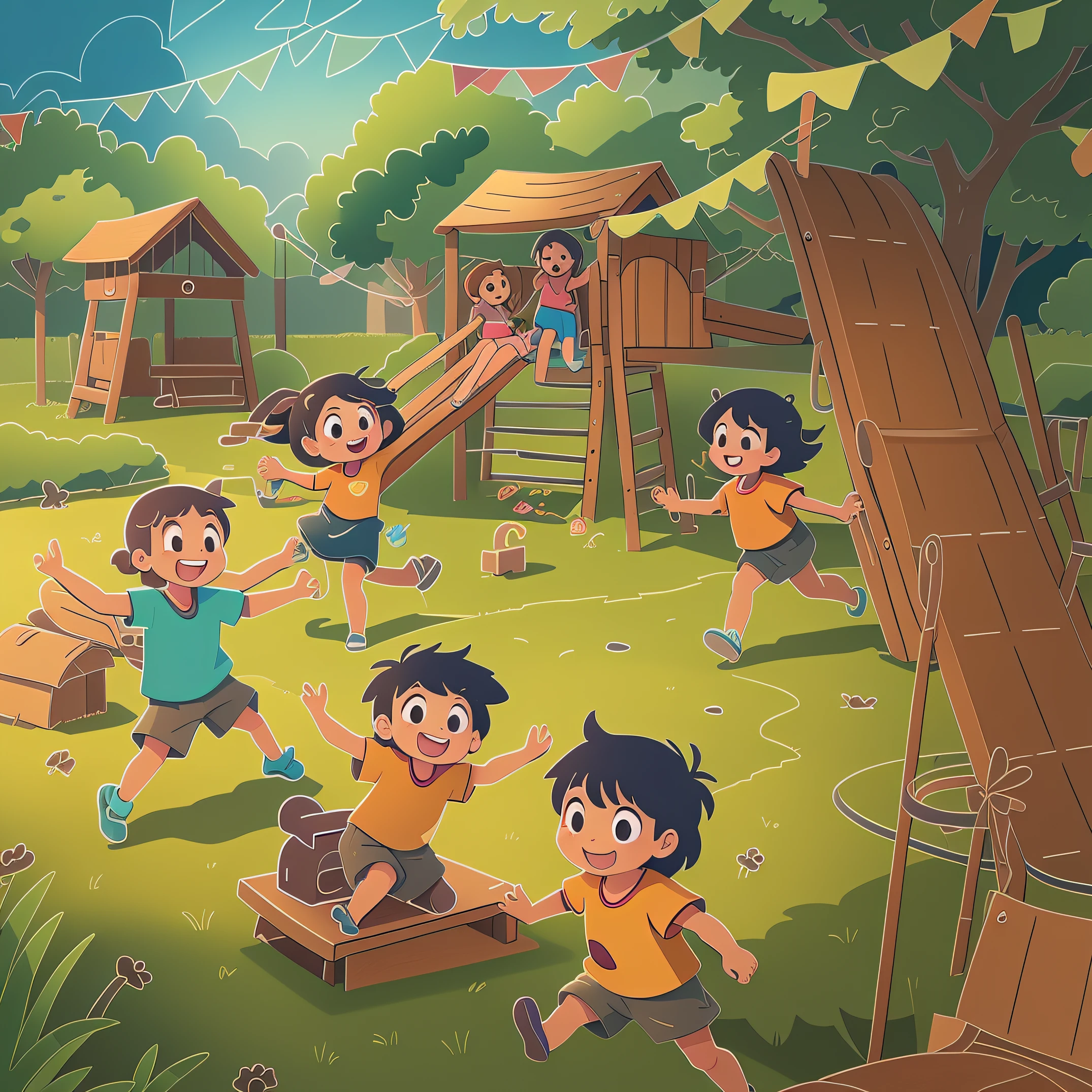 Cartoon kids playing slides and swings in the park, Cartoon style illustration, colorful kids book illustration, children illustration, Kids playing, Cartoon illustration, KIDS ILLUSTRATION, children's book illustrations, children's book illustrations, children illustration, Children\'s illustration, Children's illustration, children's book illustrations, children playground, Game illustration, exciting illustration, Official illustration, 8 K cartoon illustration，Black hair and black eyes，Cheerful smile