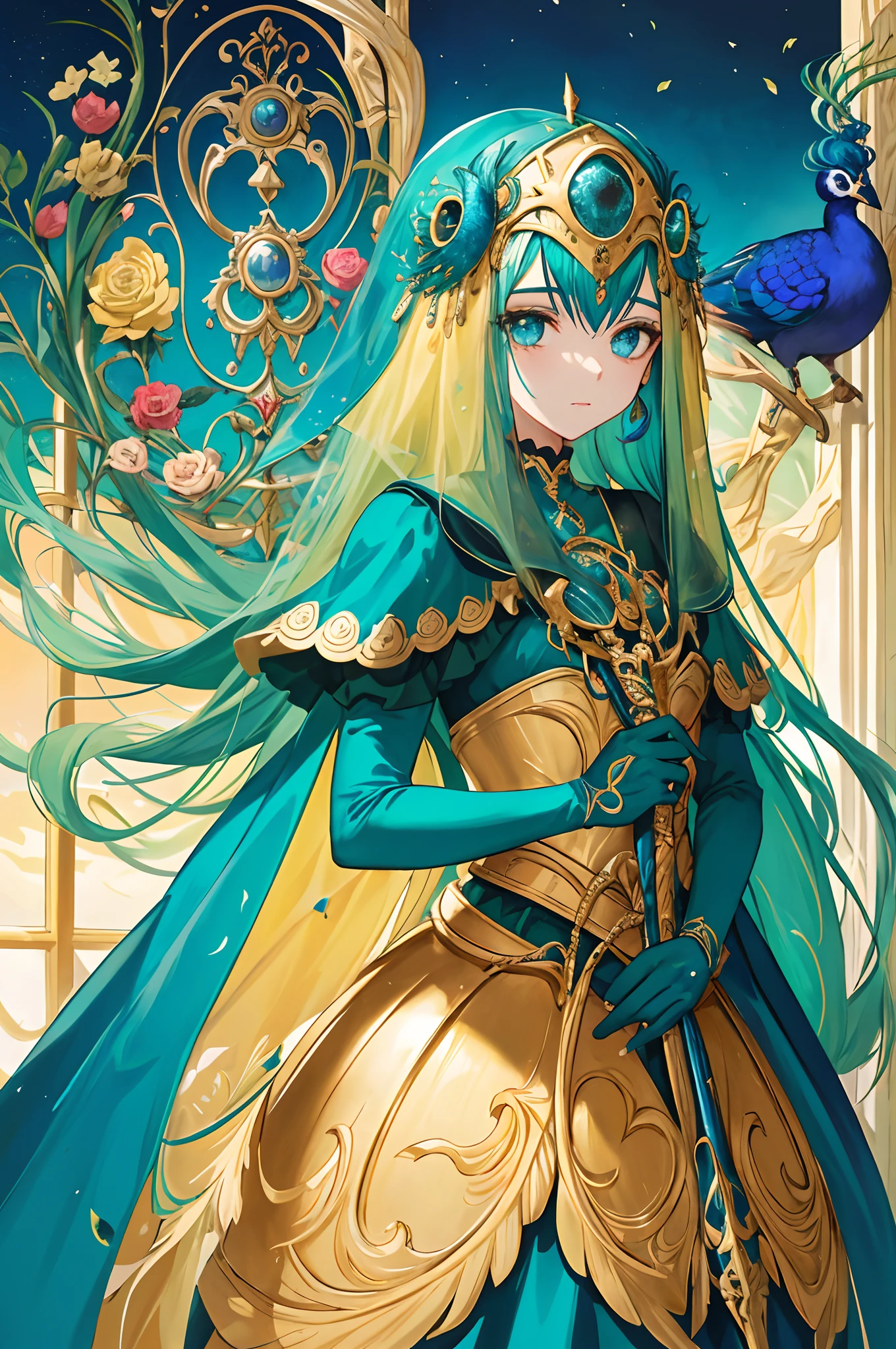 Garota adolescente, olhos vermelhos, cabelo amarelo, with peacock-themed armor, com capuz, with mask covering only the eyes, detalhes em rosa escuro, with a rapier in hand