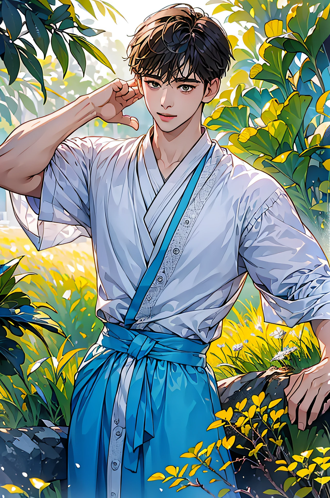 (in 8K、top-quality、masterpiece:1.2)、1 boy、short-haired、Hair short、Brown-skinned、Blue View、