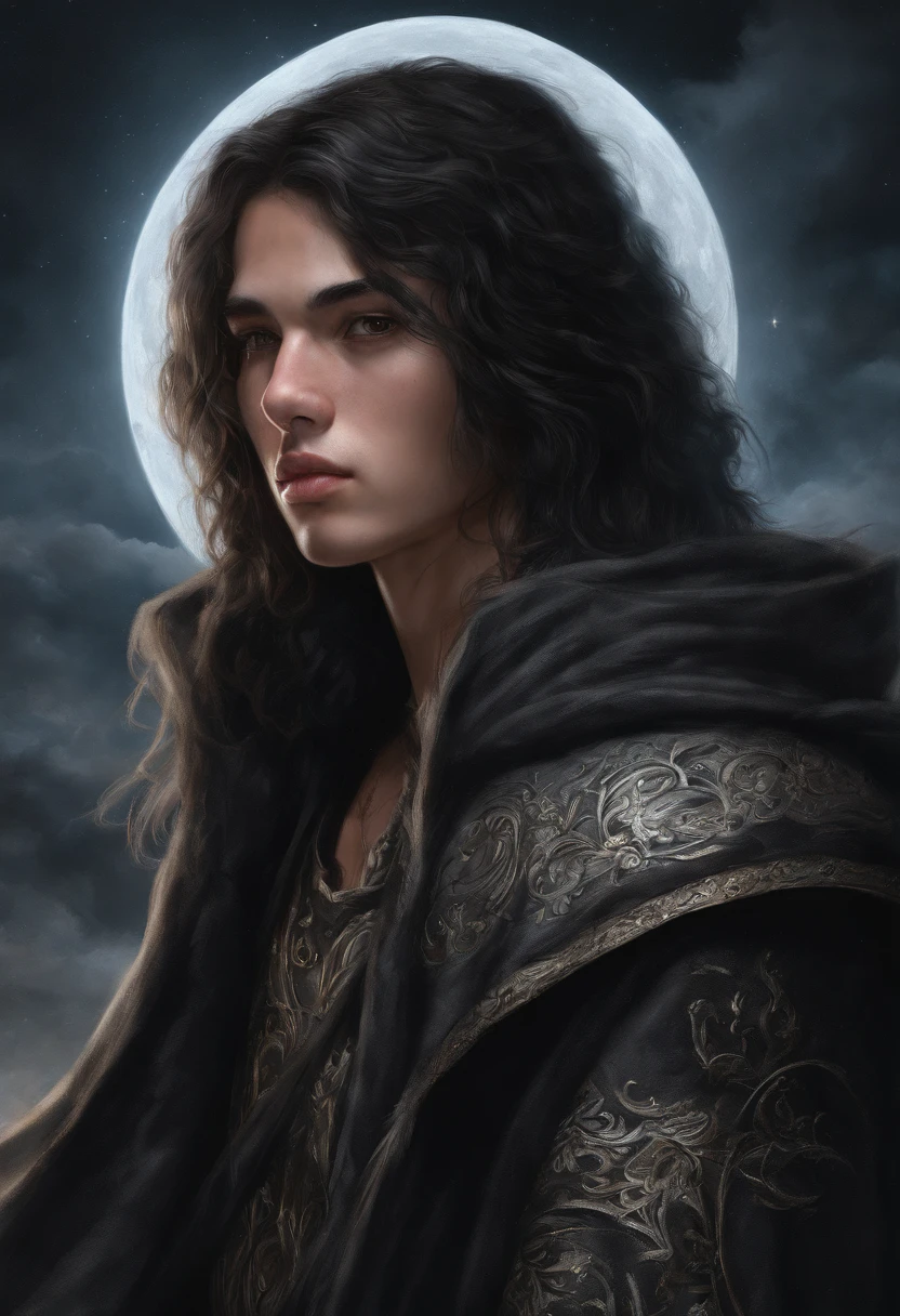 young god, light skin, fine features, beautiful face, black hair, black moon on the forehead, black cloak, lunar god, serious face, medium hair, thin nose, straight hair, oil painting, androgynous, perfect composition
