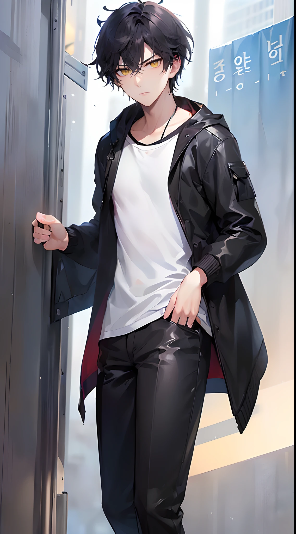 (4K works))、​masterpiece、(top-quality)、In front of the wall、Korean Male、Adult male、((Adult 26 years old))、((Face similar to Hyun Jin))、Cool Men、tall、((Glaring expression))、((Sleepy face))、((Strong eyes))、((Wearing a white T-shirt and a black hooded jacket、Wearing long black pants))、((Wear a black mask))、((smaller face))、Slim body、((How to stand selling fights))、((Cheeky way of standing))、((hooligan))、((Black short-haired))、((Yellow eyes))、((shot from front))、((Looking down on the viewer))、((rearing))、Dull-looking pose、((Shot alone))、((Solo Photography))