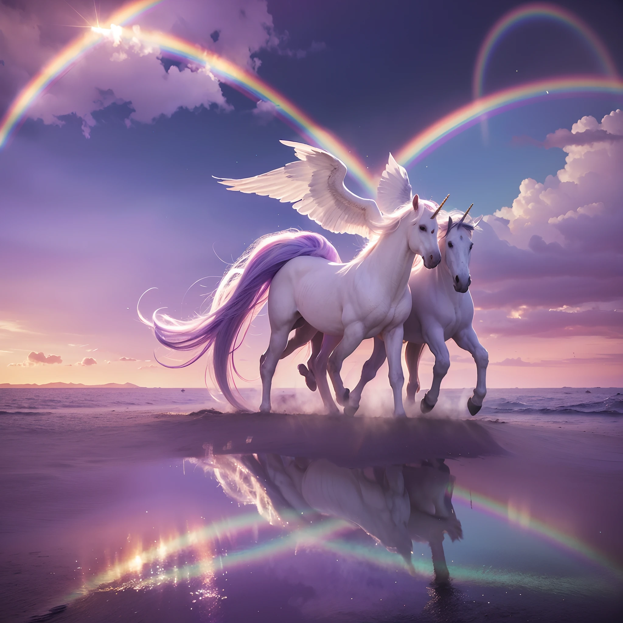 Draw two white horses with wings in purple sky, unicorns, ethereal rainbows, Rainbow reflections, Rainbow reflections, Rainbow reflections, Pegasus, In a mysterious scene, unicorn, Magical and mysterious, heaven on earth, author:Caroline Chariot-Dayez, Cindy Wright, glitters. fantasy, beautiful dreamy breathtaking, Ethereal aurora spirit, beautiful fantasy, magic fantasy highly detailed