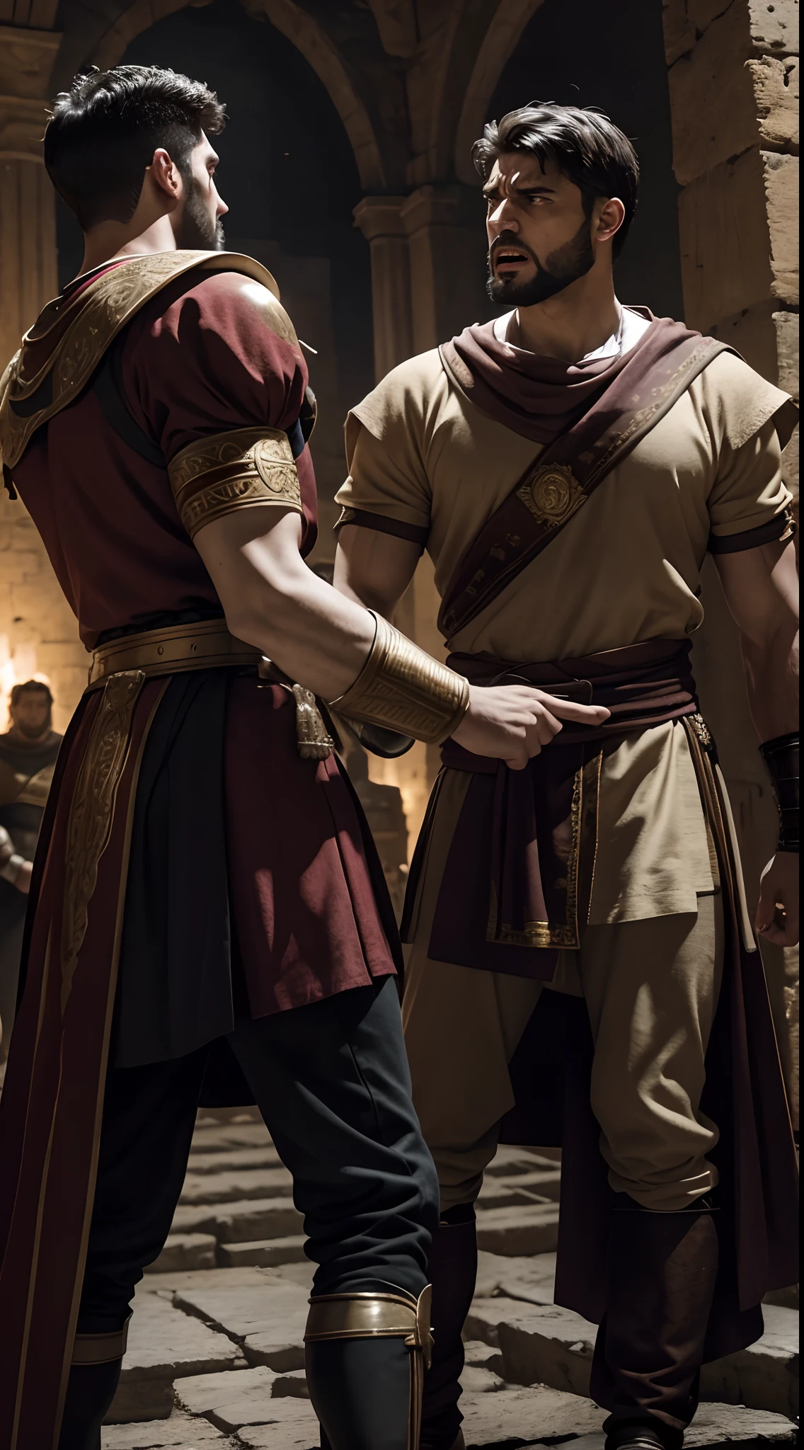 Two Roman men arguing in the crowd in the castle,angry,dramatic,epic,dark background