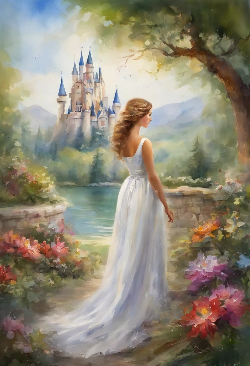 Woman in white dress standing in front of castle, in style of disney animation, very magical and dreamy, beautiful anime scene, The most beautiful scenes, Great Great Composition, in white clouds fairyland, anime barbie in white, lost in a dreamy fairy landscape, A paradise like a fairyland, Beautiful and aesthetic, anime beautiful peace scene, magical flowers