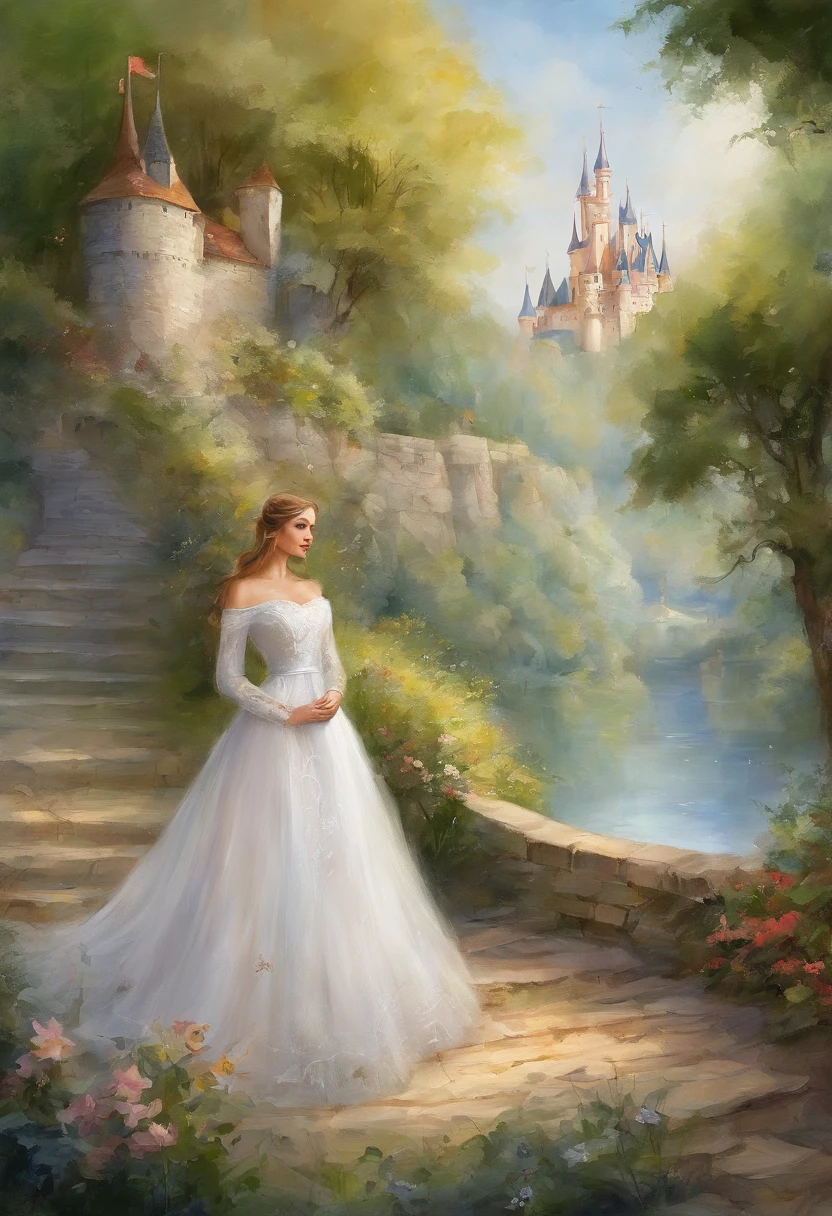 Woman in white dress standing in front of castle, in style of disney animation, very magical and dreamy, beautiful anime scene, The most beautiful scenes, Great Great Composition, in white clouds fairyland, anime barbie in white, lost in a dreamy fairy landscape, A paradise like a fairyland, Beautiful and aesthetic, anime beautiful peace scene, magical flowers