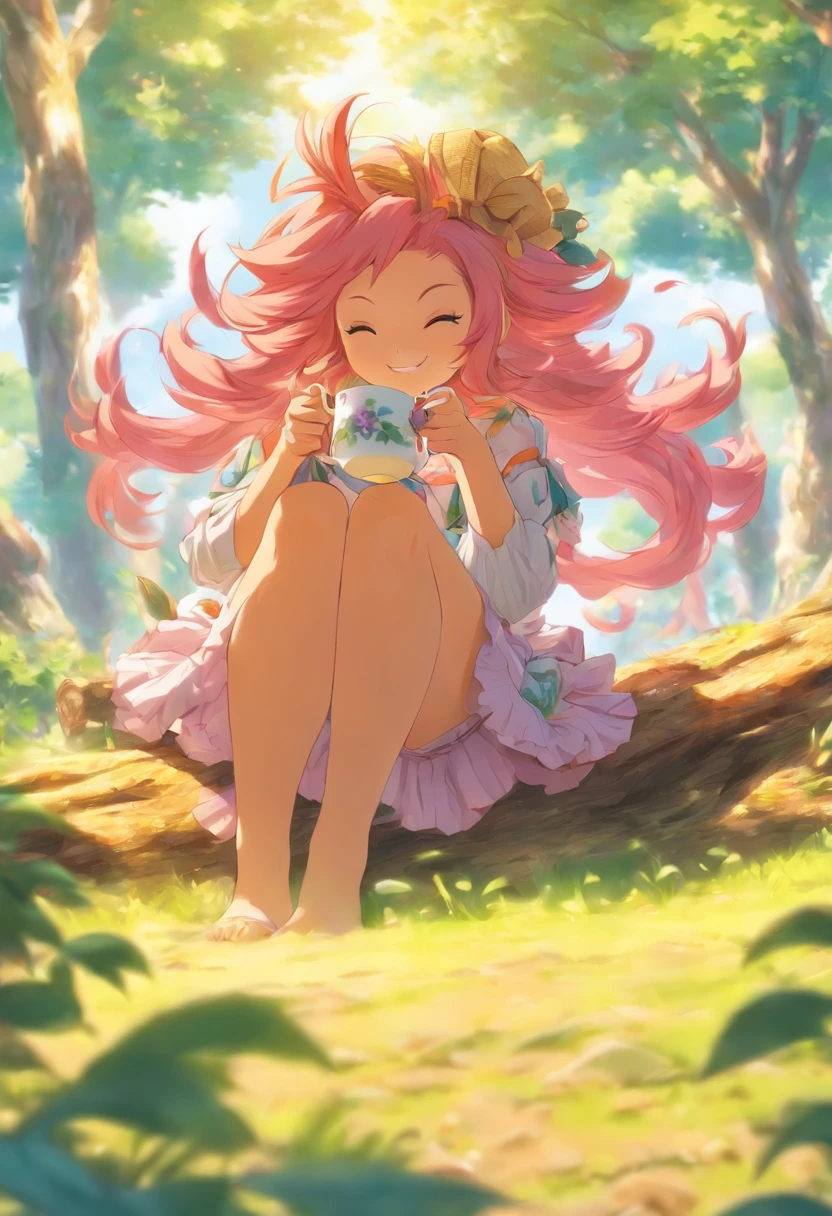 Sunnyday,garden,Woman sitting on a fallen tree drinking tea,Crisp eyes,long lashes,A pink-haired,Uma Musume,joyous expression,tits out,Light clothing,Footboard beauty
