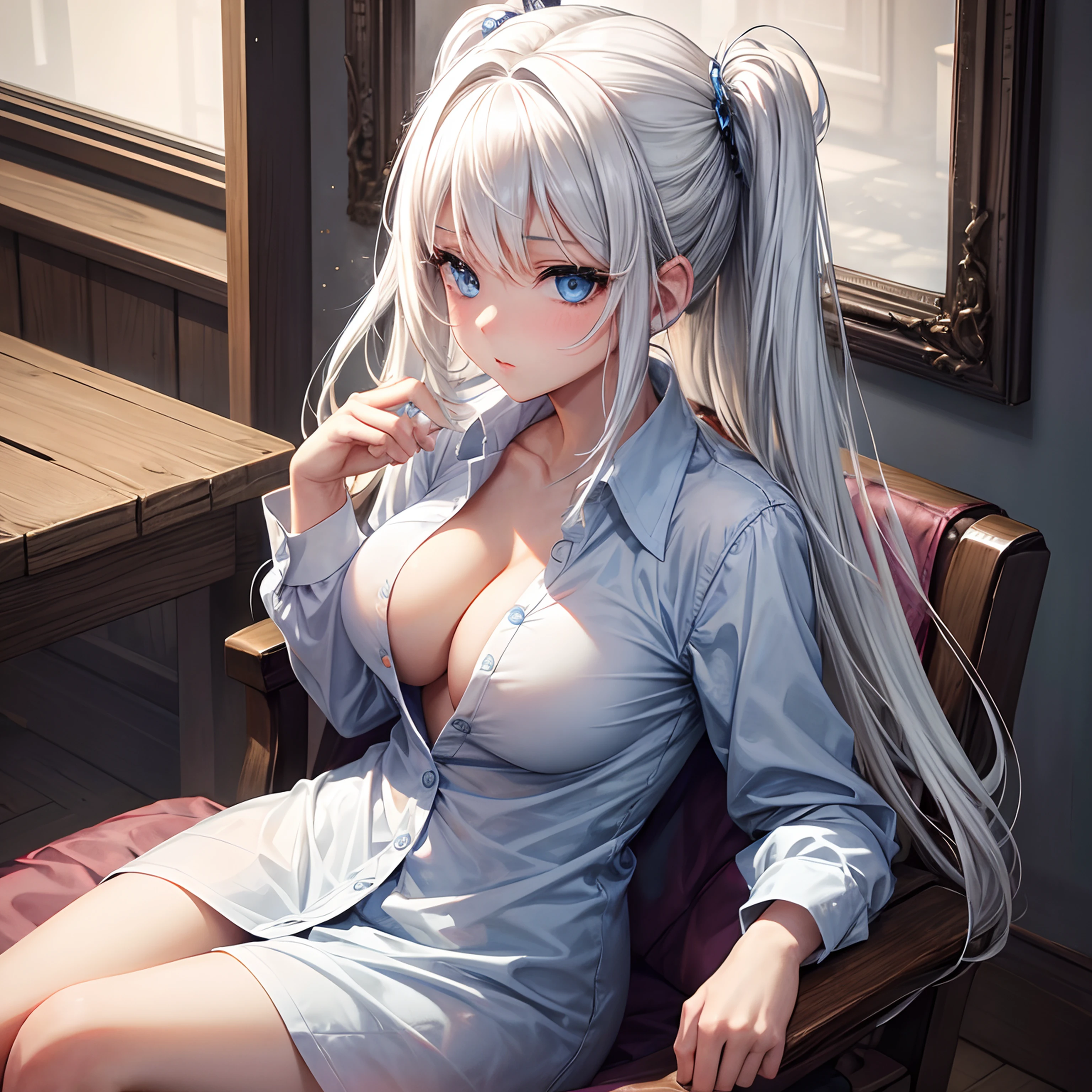 1 girl, boobs, thights, White hair, blue eyes, button up, sitting